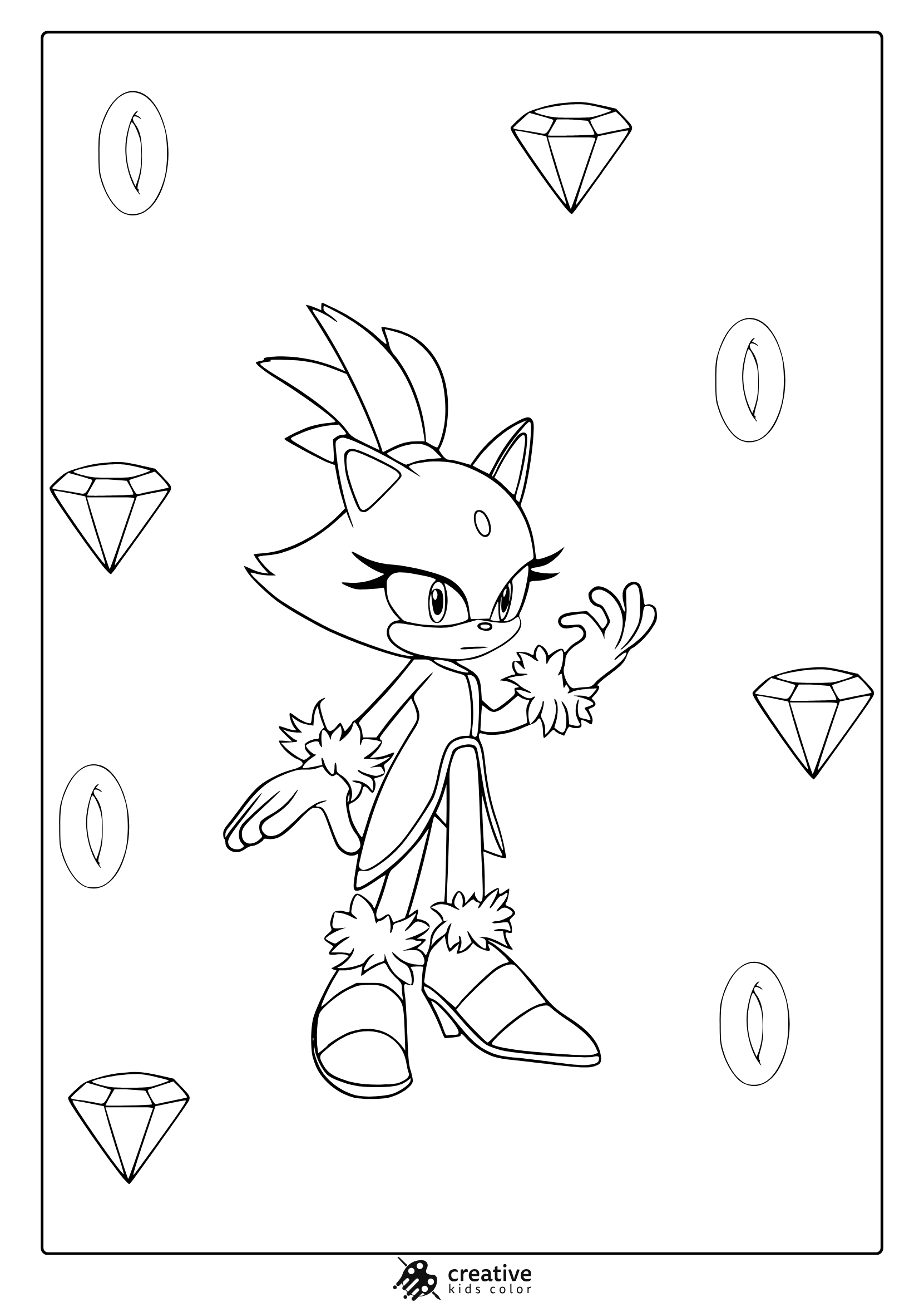 Coloring Page With Blaze The Cat In Dress And Confident Pose With Diamond Accents.