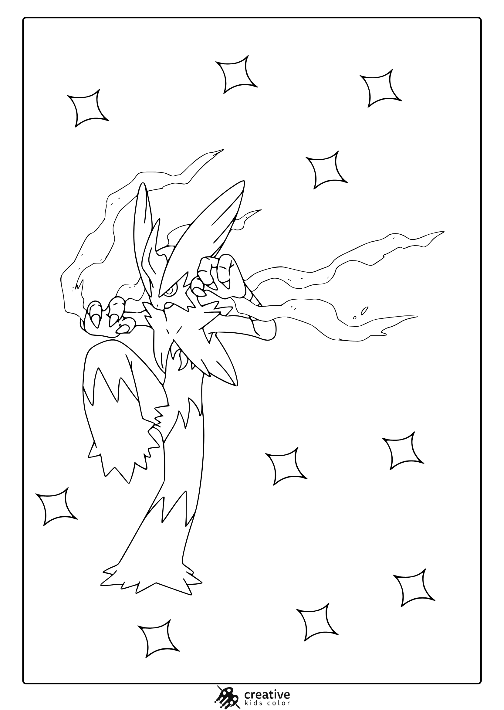 Flaming Blaziken In A Bold Attack Stance With Sparkles On A Pokémon Coloring Page.