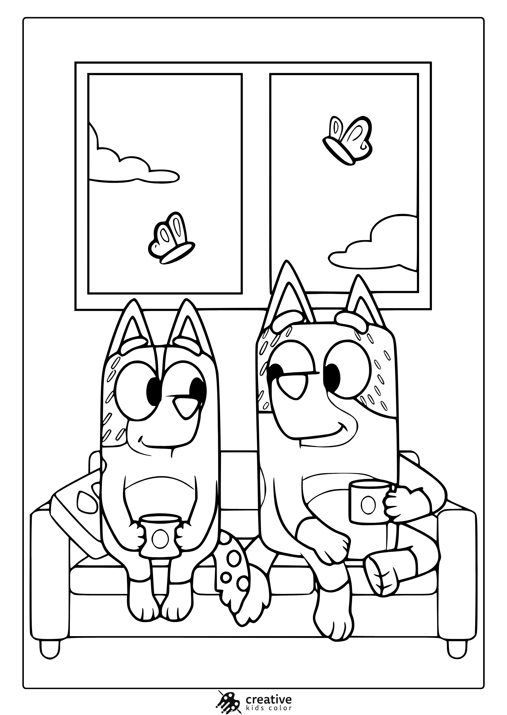 Bluey Mama Und Papa Ausmalbild Mit Bandit Und Chilli Beim Entspannten Kaffeetrinken.
