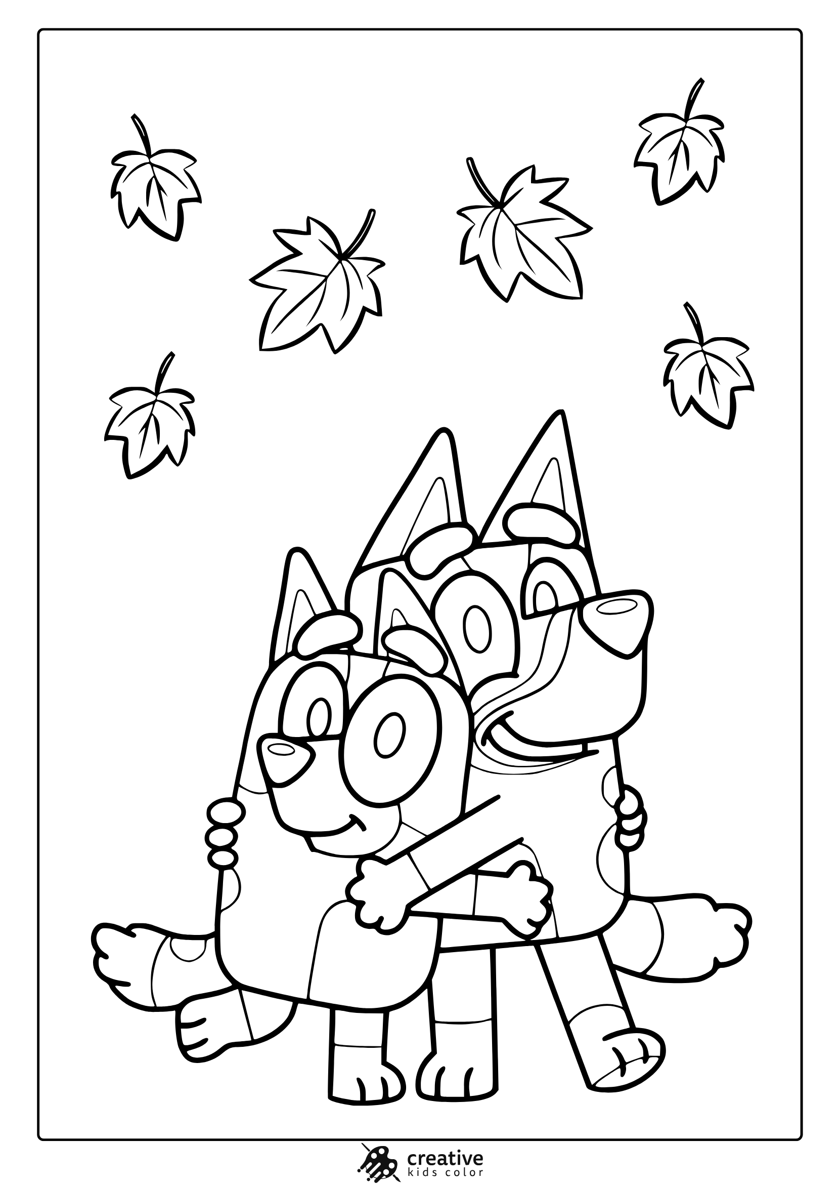 Bluey Coloring Page With Bluey Hugging A Friend Under Floating Maple Leaves In A Fall-Themed Design.