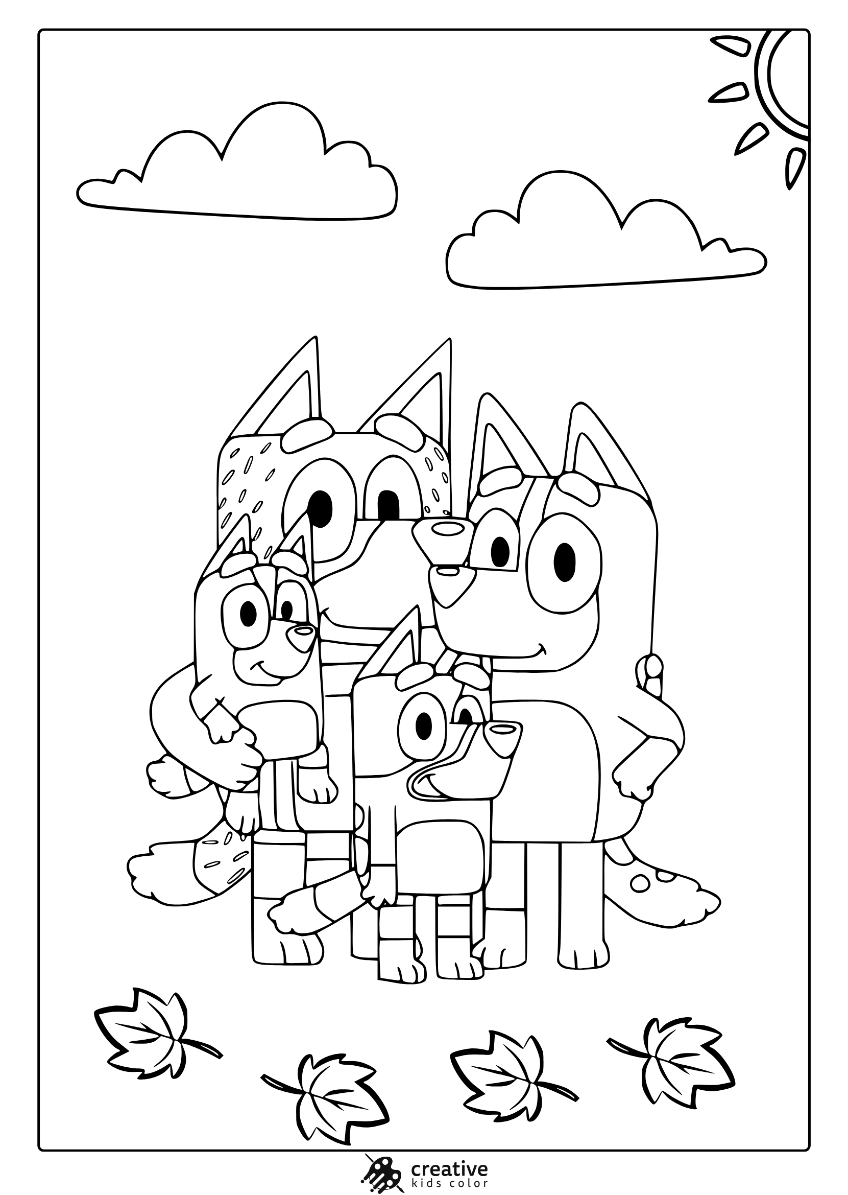 Bluey Familie Ausmalbild Mit Vier Figuren Unter Wolken Und Sonne.
