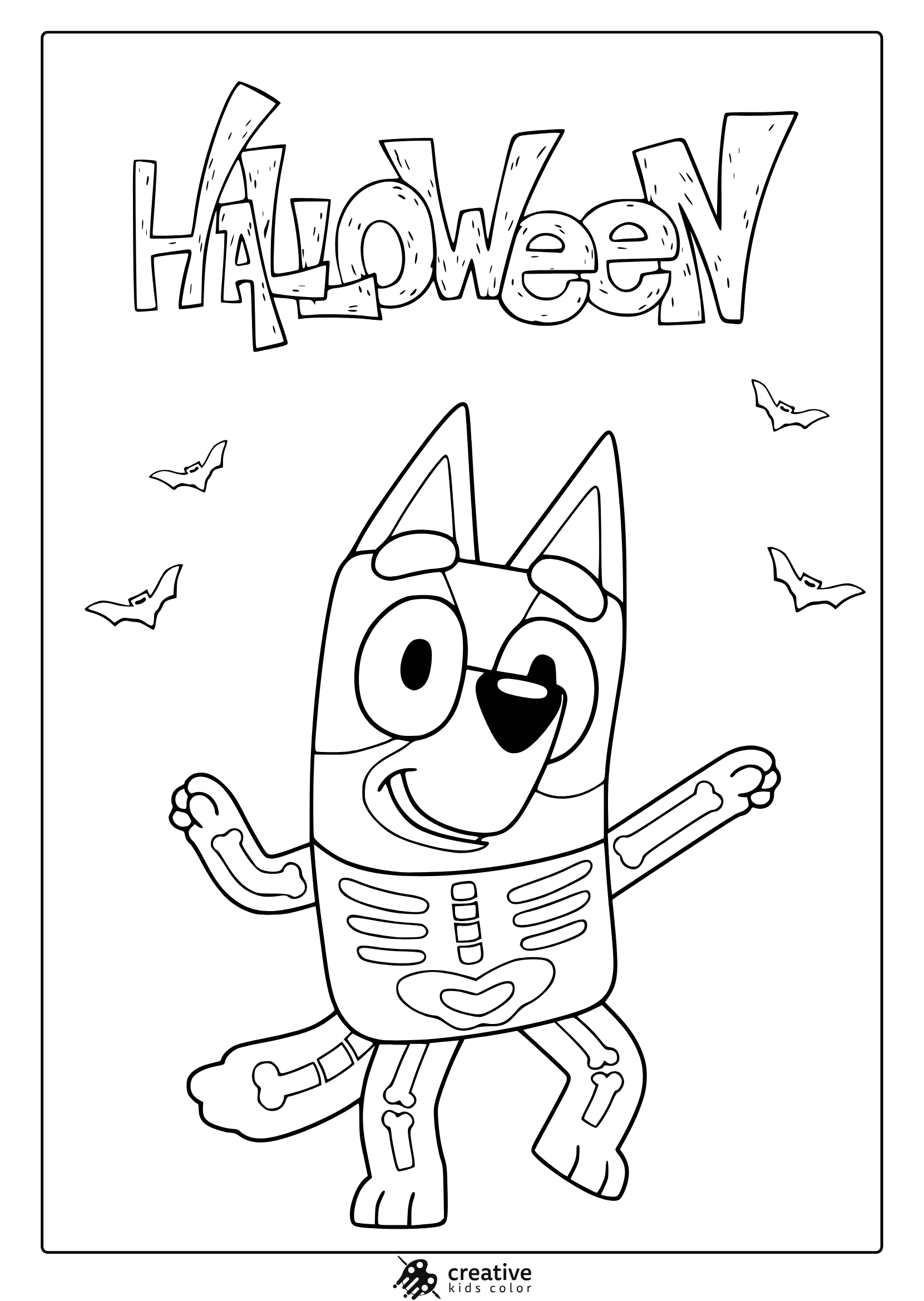 Bluey Coloring Page With Bluey Dressed For Halloween And Bats Flying In The Background, Fun For Festive Coloring.