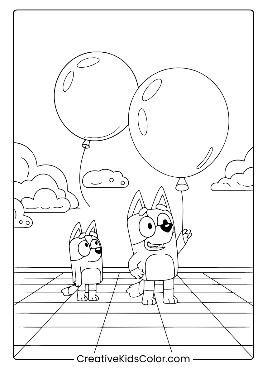 Bluey Und Bingo Ausmalbild Mit Ballons, Sonnigem Himmel Und Fröhlicher Atmosphäre.
