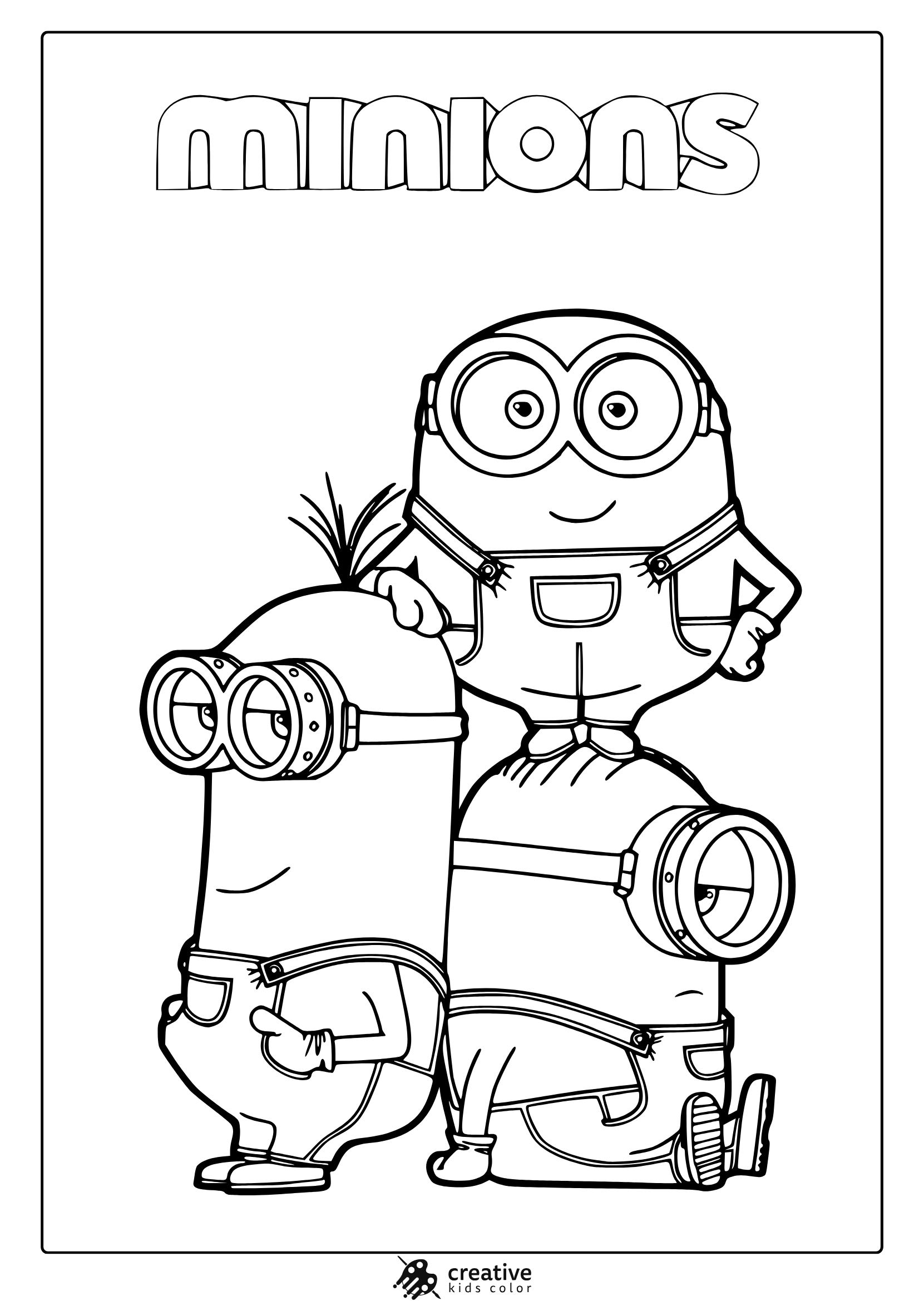 Coloring Page With Bob, Kevin And Stuart Posing Under The Minions Logo, Ideal For A Group Minions Coloring Page.