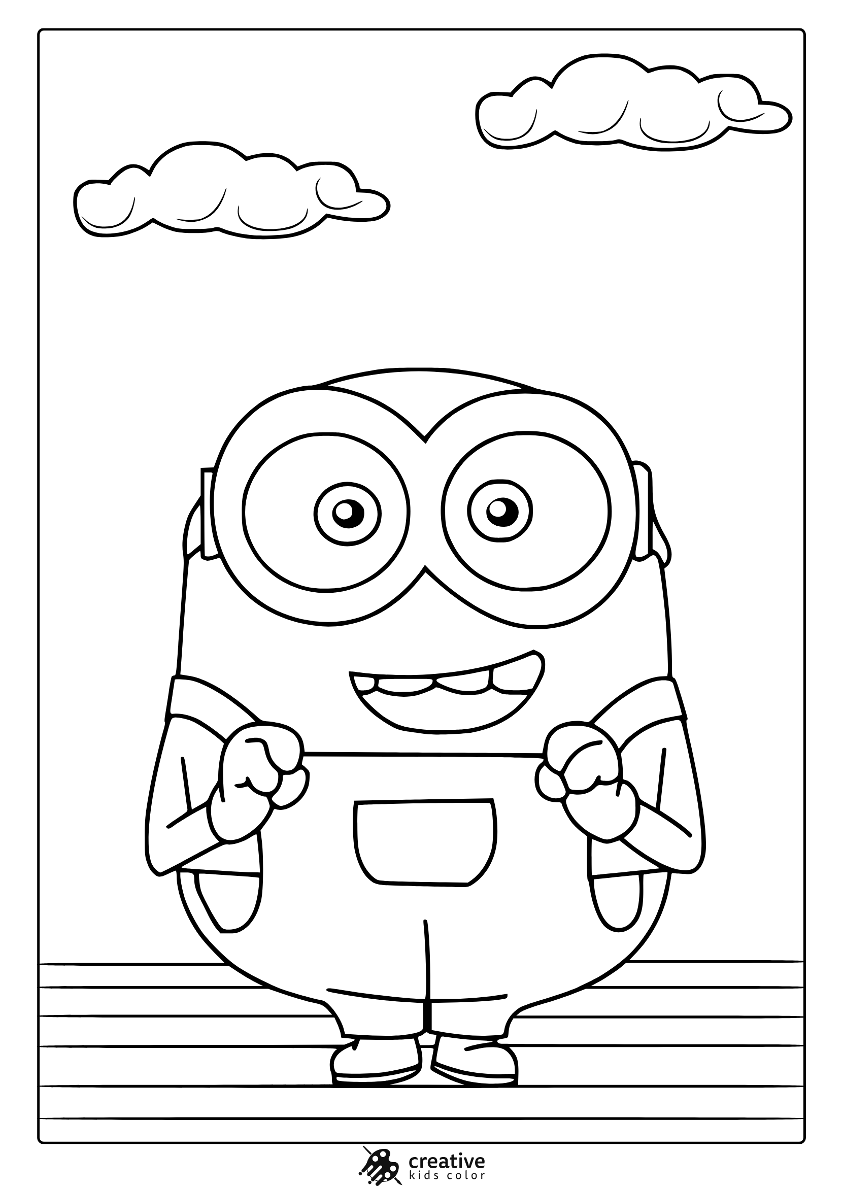 Coloring Page With Bob The Minion Smiling And Raising His Hands In A Cheerful Pose, Perfect For A Fun Coloring Page.