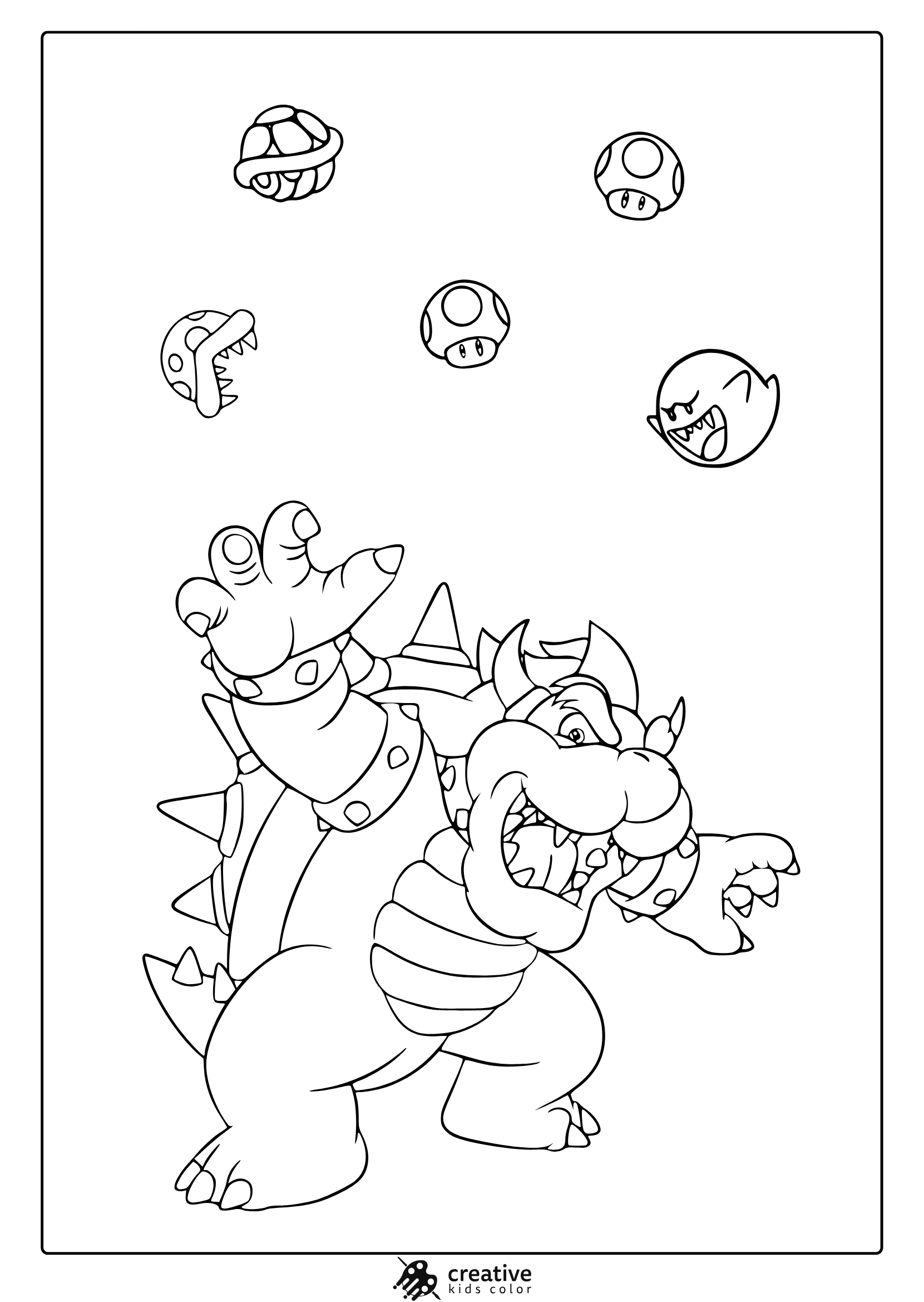 Coloring Page With Bowser In A Strong Pose And Floating Mario-Themed Items Around Him.