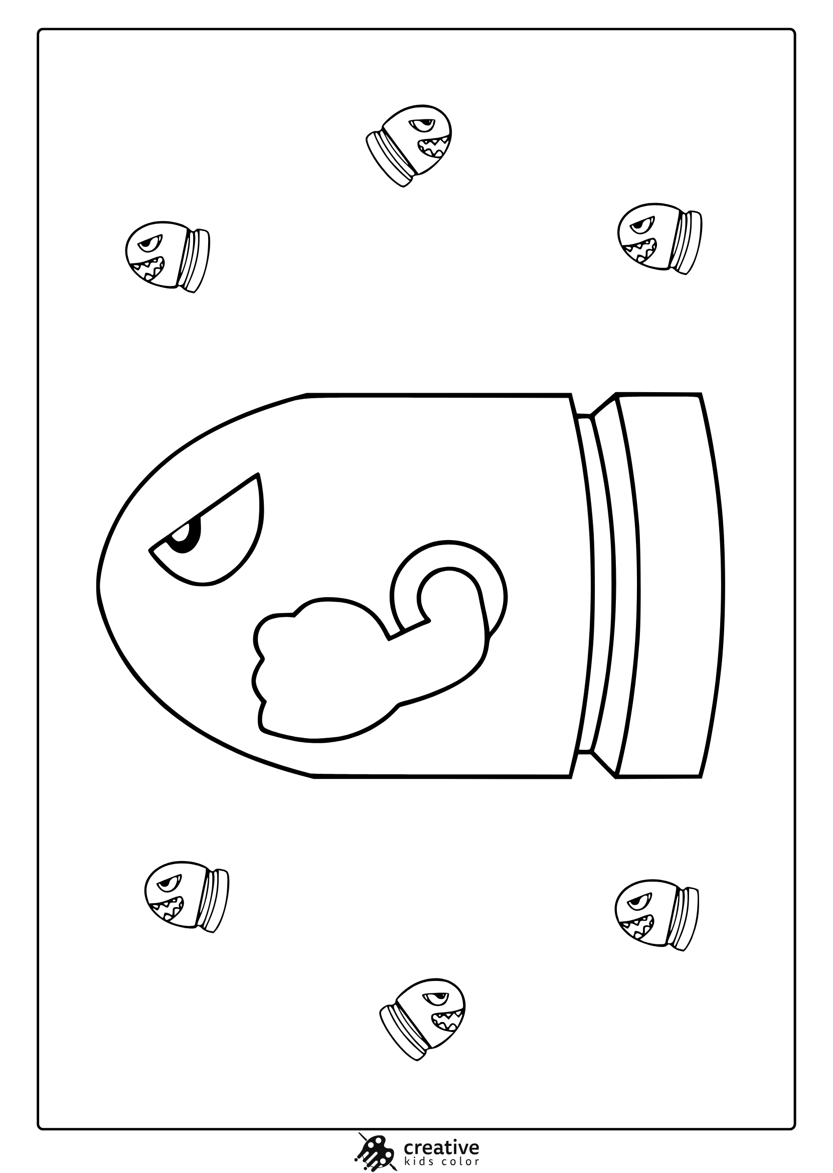 Coloring Page Featuring Bullet Bill And Smaller Bullet Heads In A Fun Mario Kart Scene.
