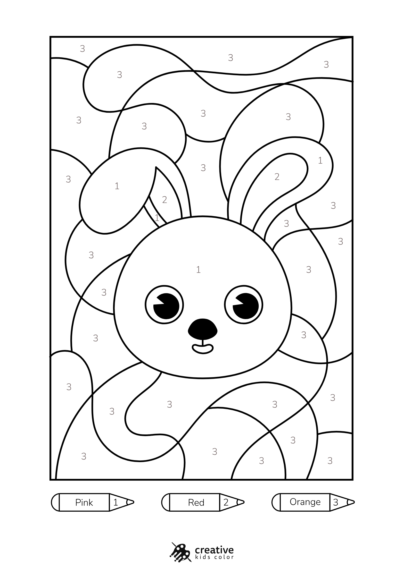 Bunny Color By Number Coloring Page With A Happy Bunny, Floppy Ears, And Soft Pastel Tones.