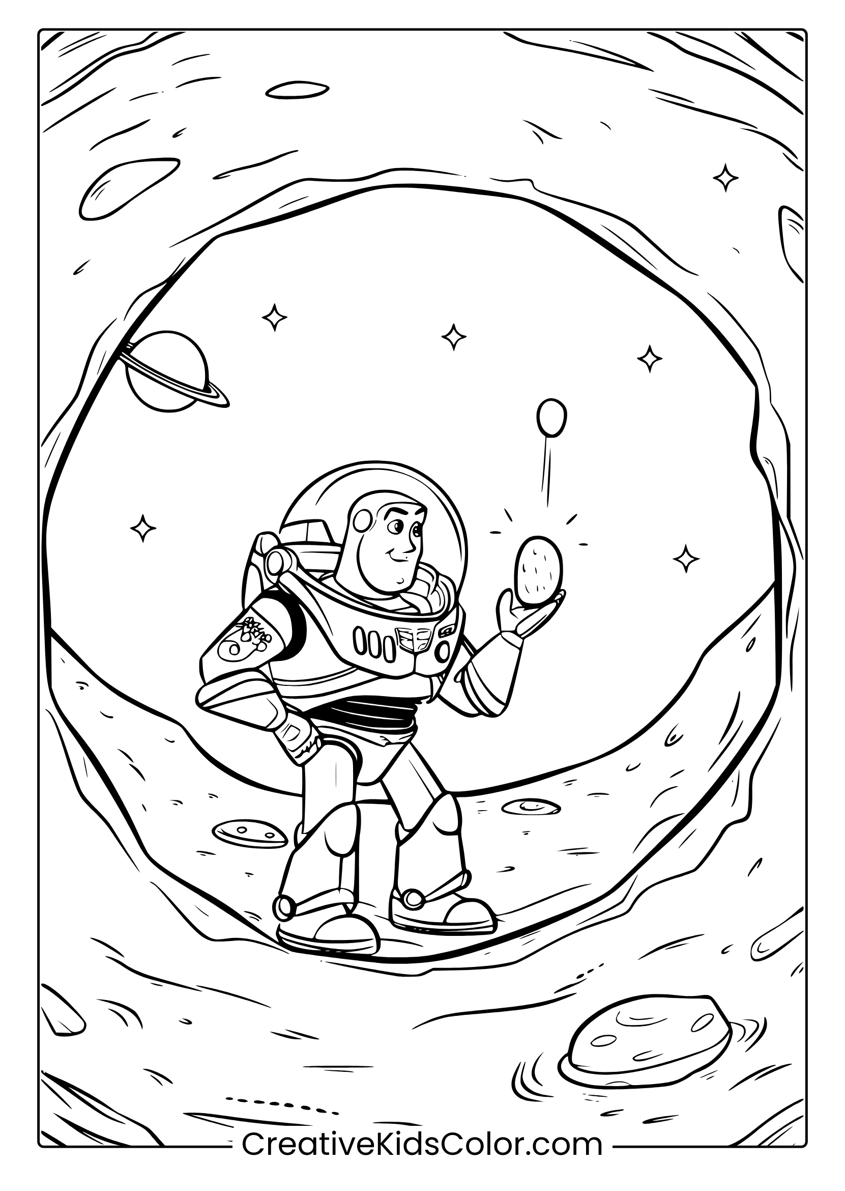 A Toy Story Buzz Lightyear Coloring Page Featuring Him On A Moon Crater With Stars And A Ringed Planet In The Background.