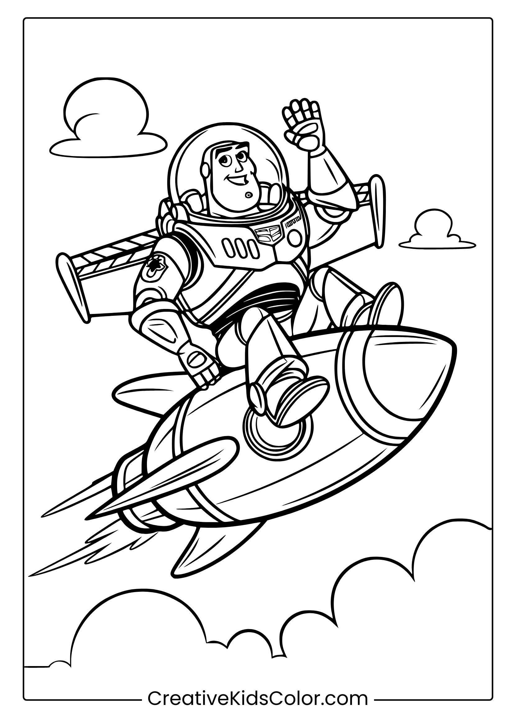 A Buzz Lightyear Coloring Page Showing Him Riding A Rocket Through A Cloudy Sky, Waving In His Space Suit.