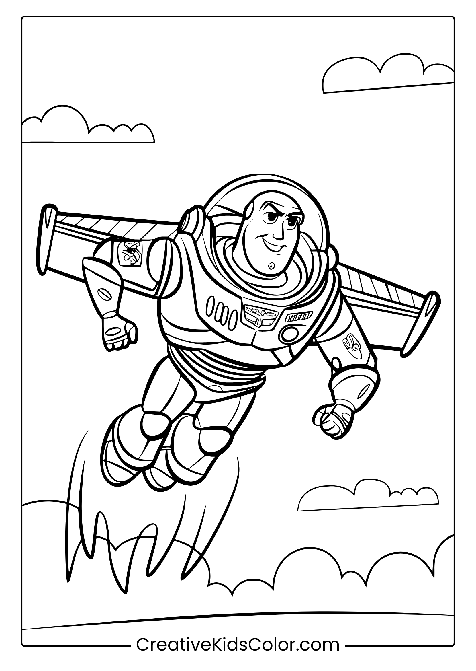 A Buzz Lightyear Coloring Page Showing Him Flying In His Space Suit With A Jetpack And A Clear Sky In The Background.