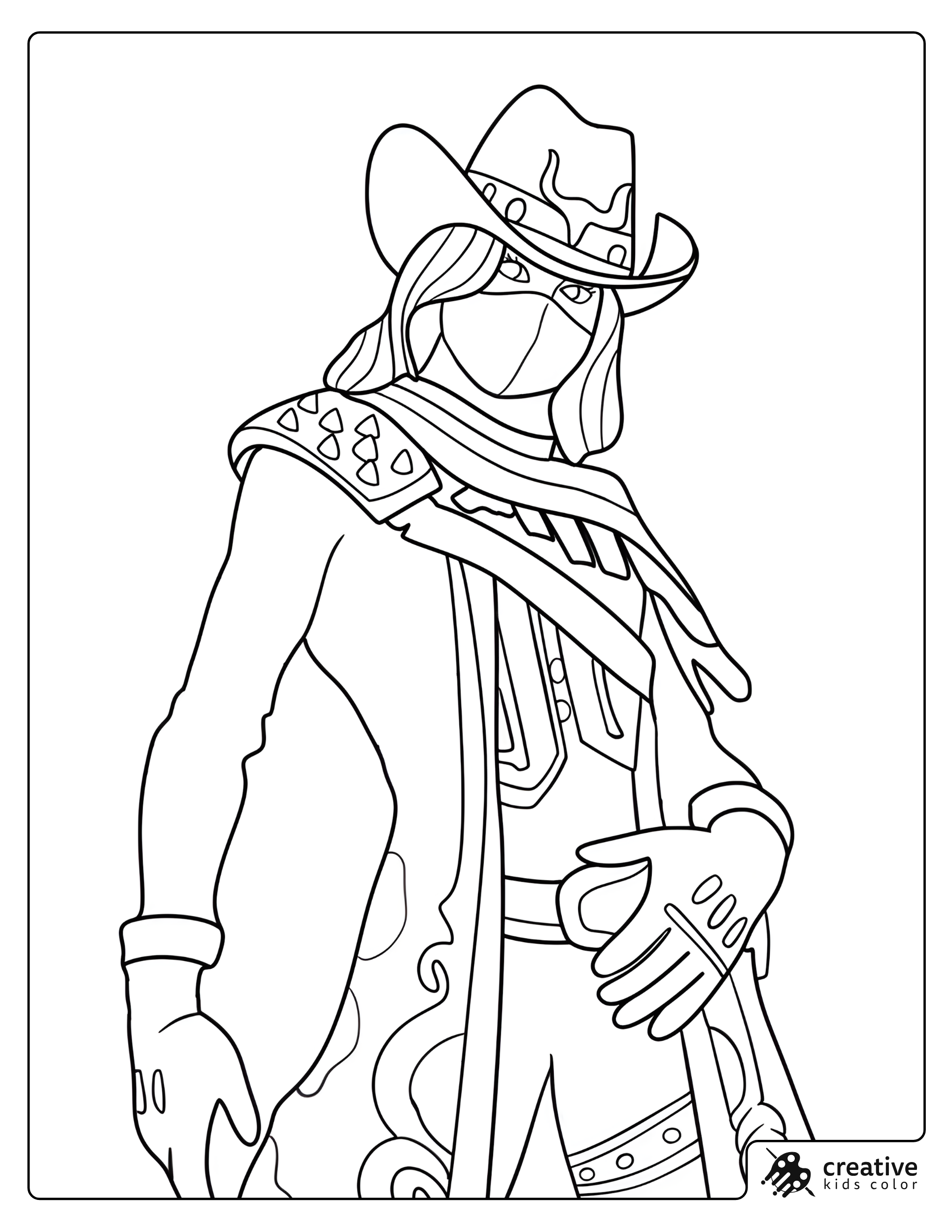 Calamity Cowgirl From Fortnite Coloring Page With Hat Mask Cape And Gloves