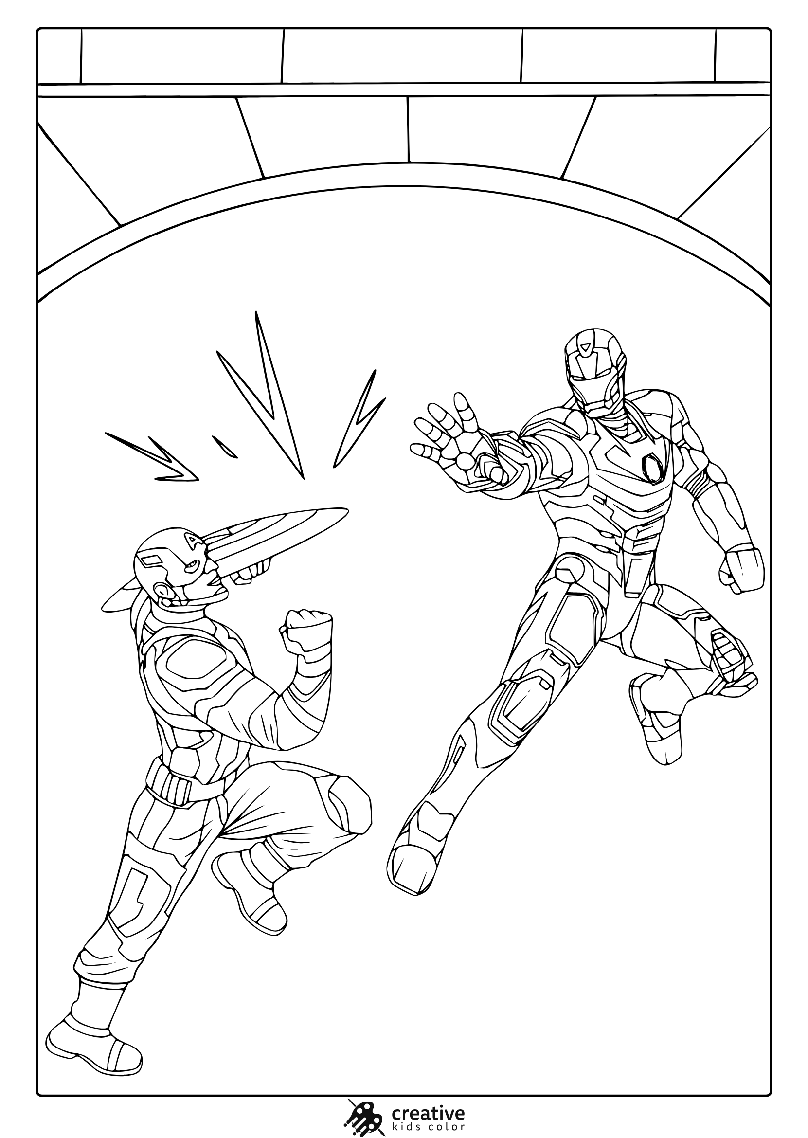 Captain America Civil War Coloring Page With Two Heroes In Dynamic Combat Pose Under Arched Structure.
