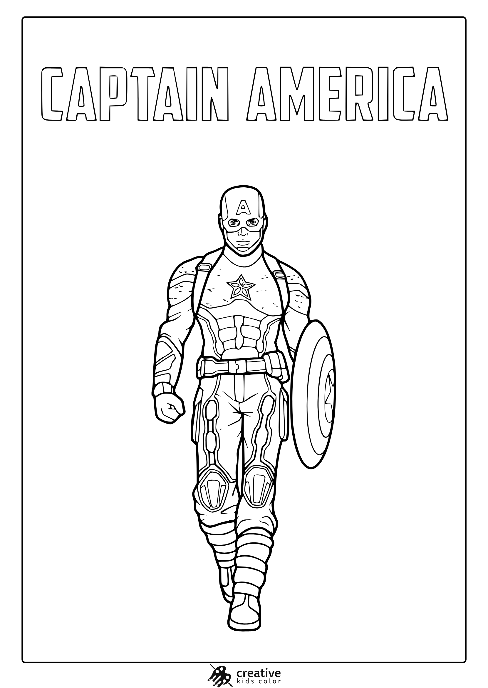 Captain America Coloring Page In Iconic Walking Stance With Shield And Bold Text Above The Figure.