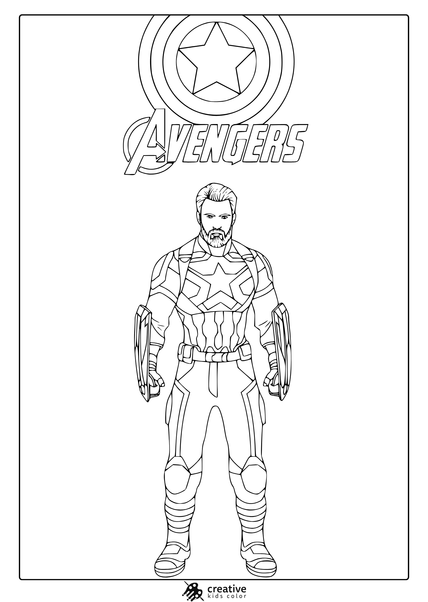 Captain America Coloring Page From Infinity War With Shield, Beard, And Bold Costume Details.