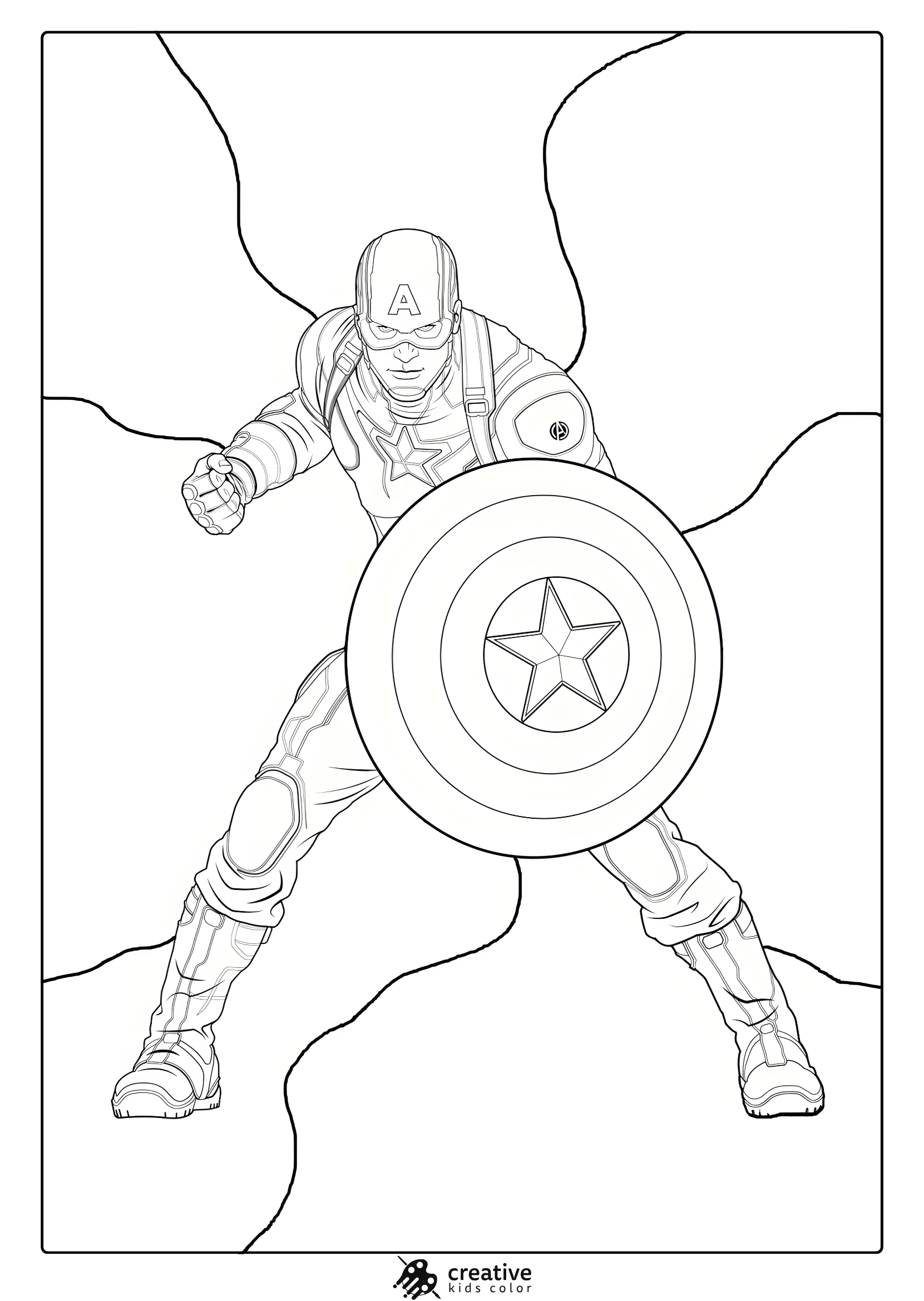 Captain America Coloring Page In Fighting Pose With Shield And Detailed Costume In Black And White.