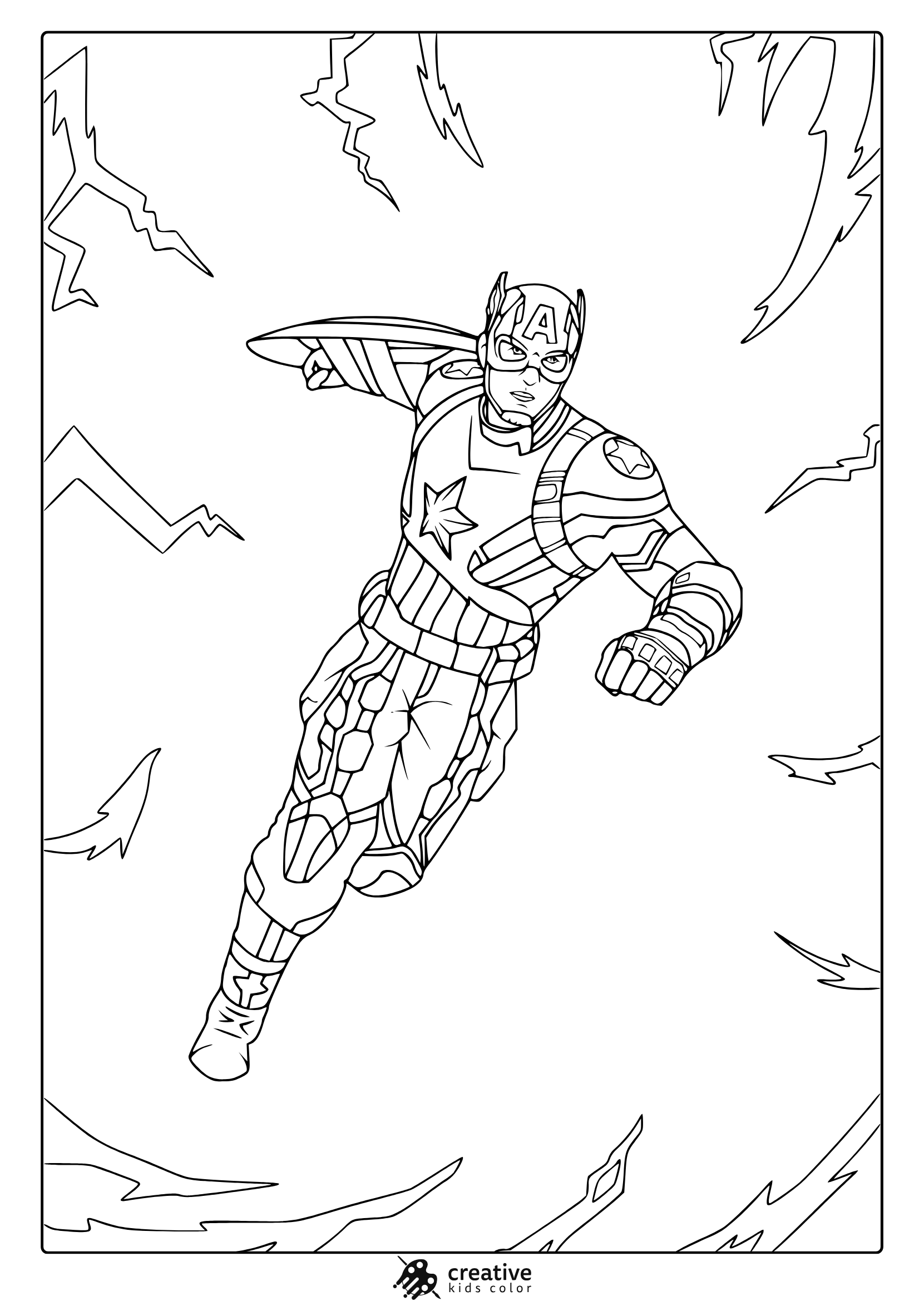 Captain America Coloring Page In Action Pose With Shield, Costume Details, And Dynamic Energy Lines.
