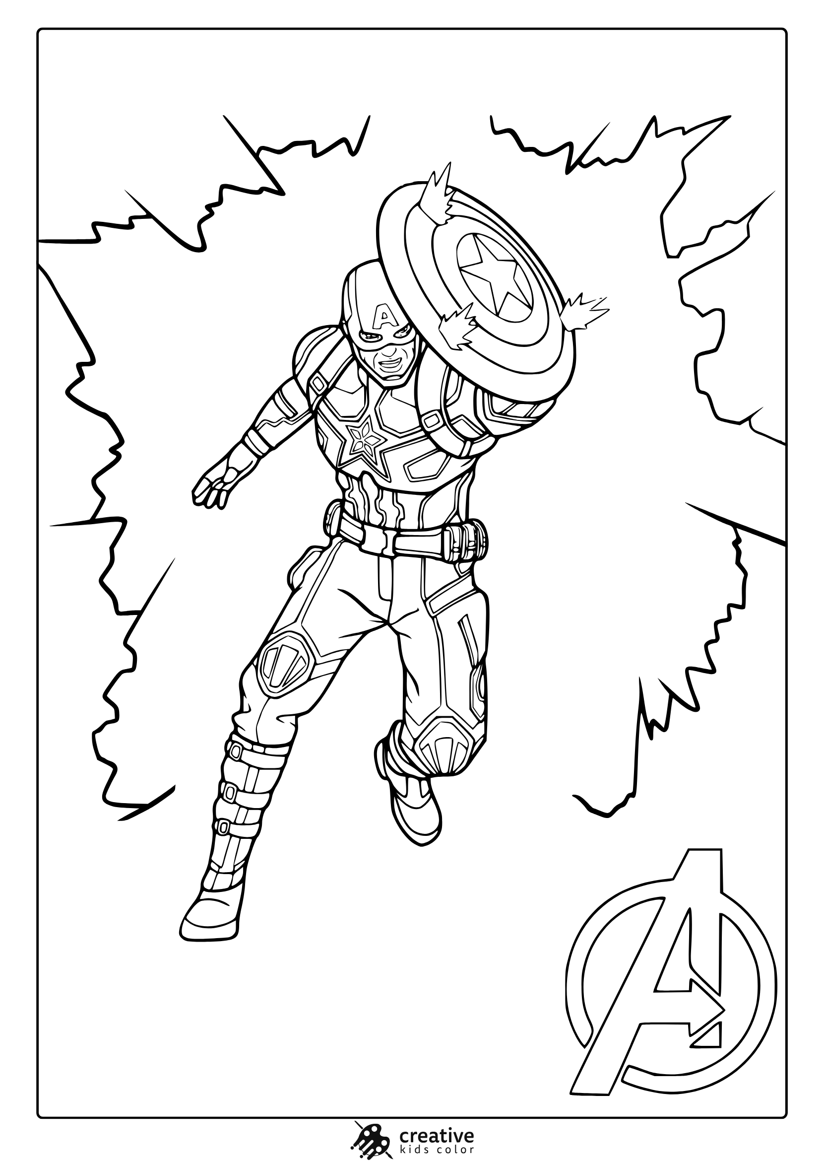 Captain America Coloring Page In Jumping Pose With Lightning Effects And Avengers Logo On Clean Background.