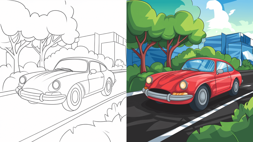 Car Coloring Page Cover, Left Side Is Colored In Black And White, Right Side Is Colored With A Fun, Nature-Filled Scene.