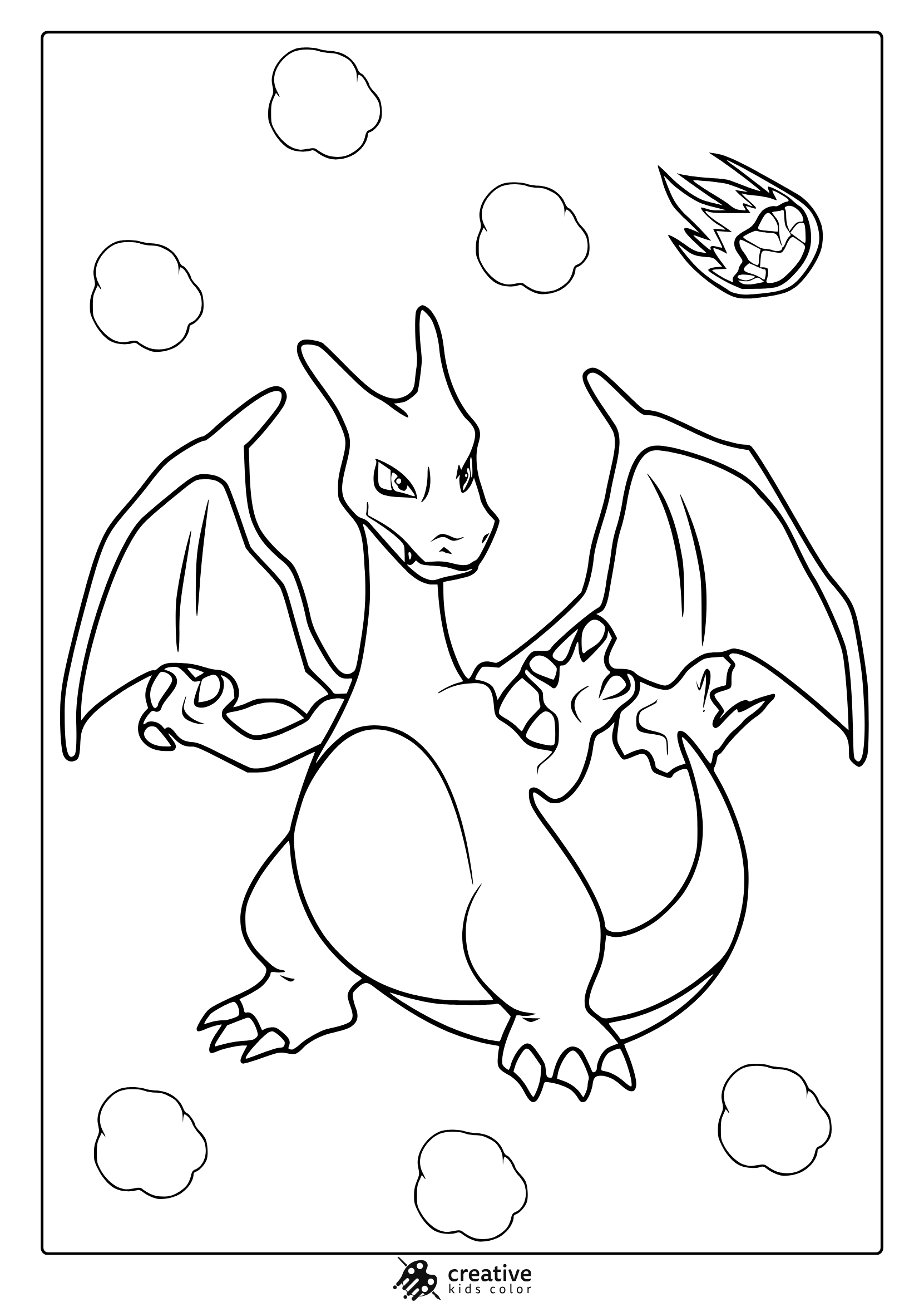 Charizard With Open Wings And Comet Detail On A Dramatic Pokémon Coloring Page.
