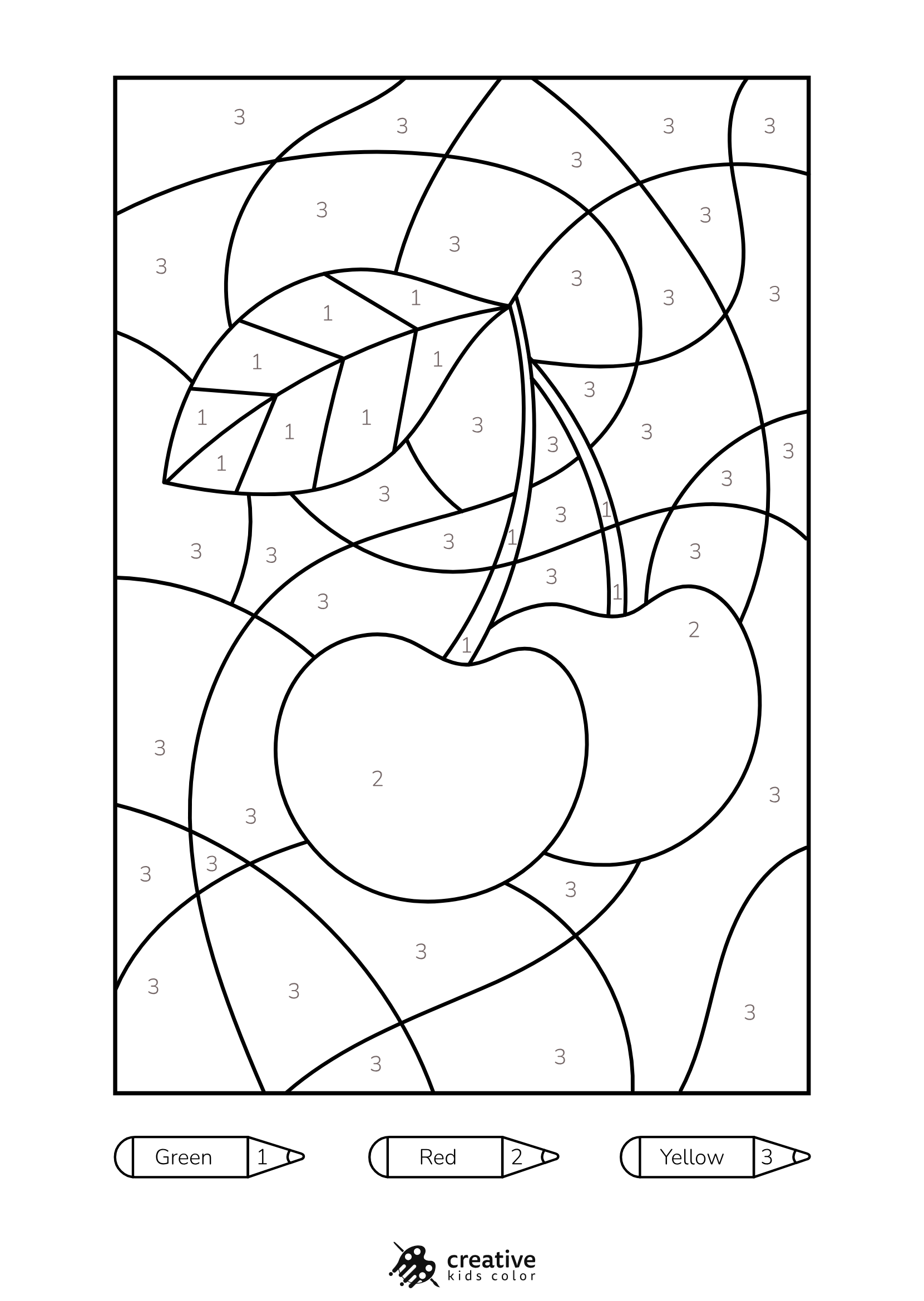 Cherry Color By Number Coloring Page With Fun Details To Color In.