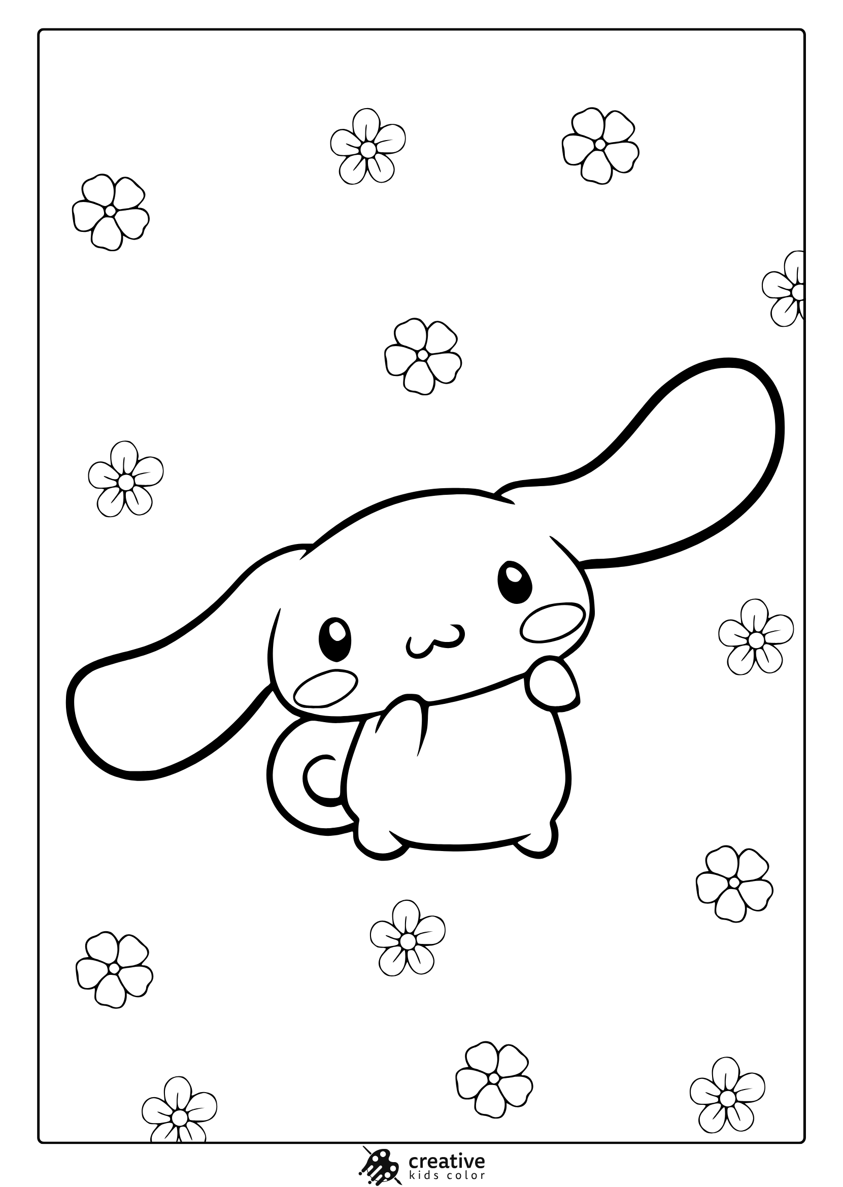 Cinnamoroll Coloring Page With Soft Decorative Background Including Stars, Hearts And Flowers.