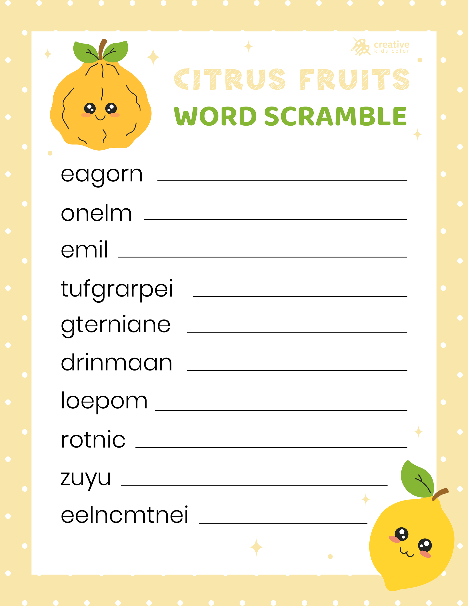 Free printable Citrus Fruits Word Scramble for kids and adults who love bright fruit puzzles.