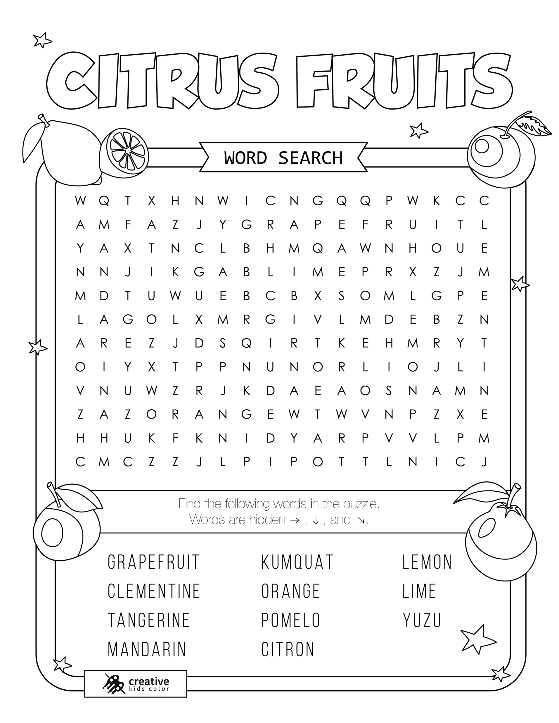 Free printable Citrus Fruits word search puzzle with 11 words from orange to lemon.