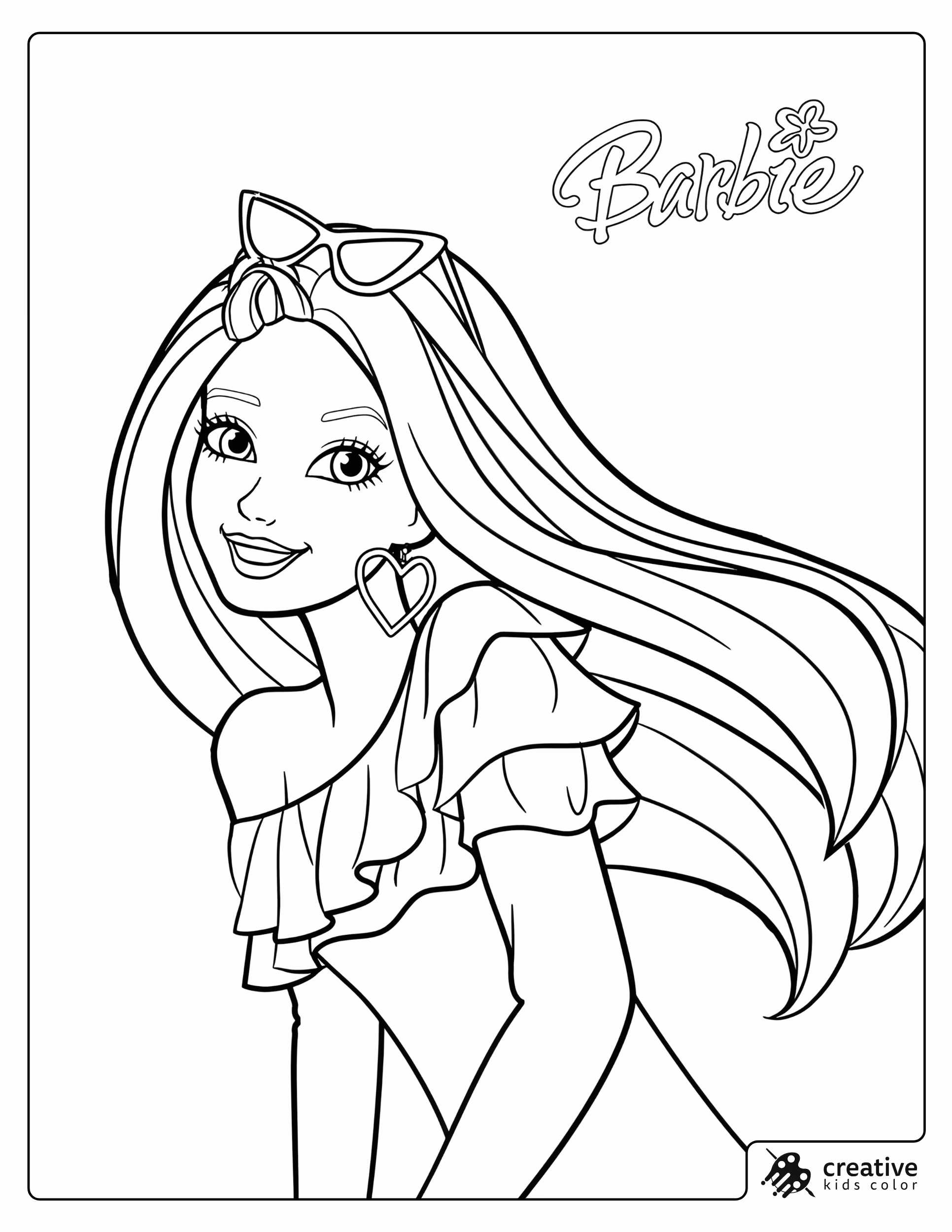 Classic Barbie Coloring Page With Barbie In A Close-Up Pose With Long Flowing Hair And Sunglasses.