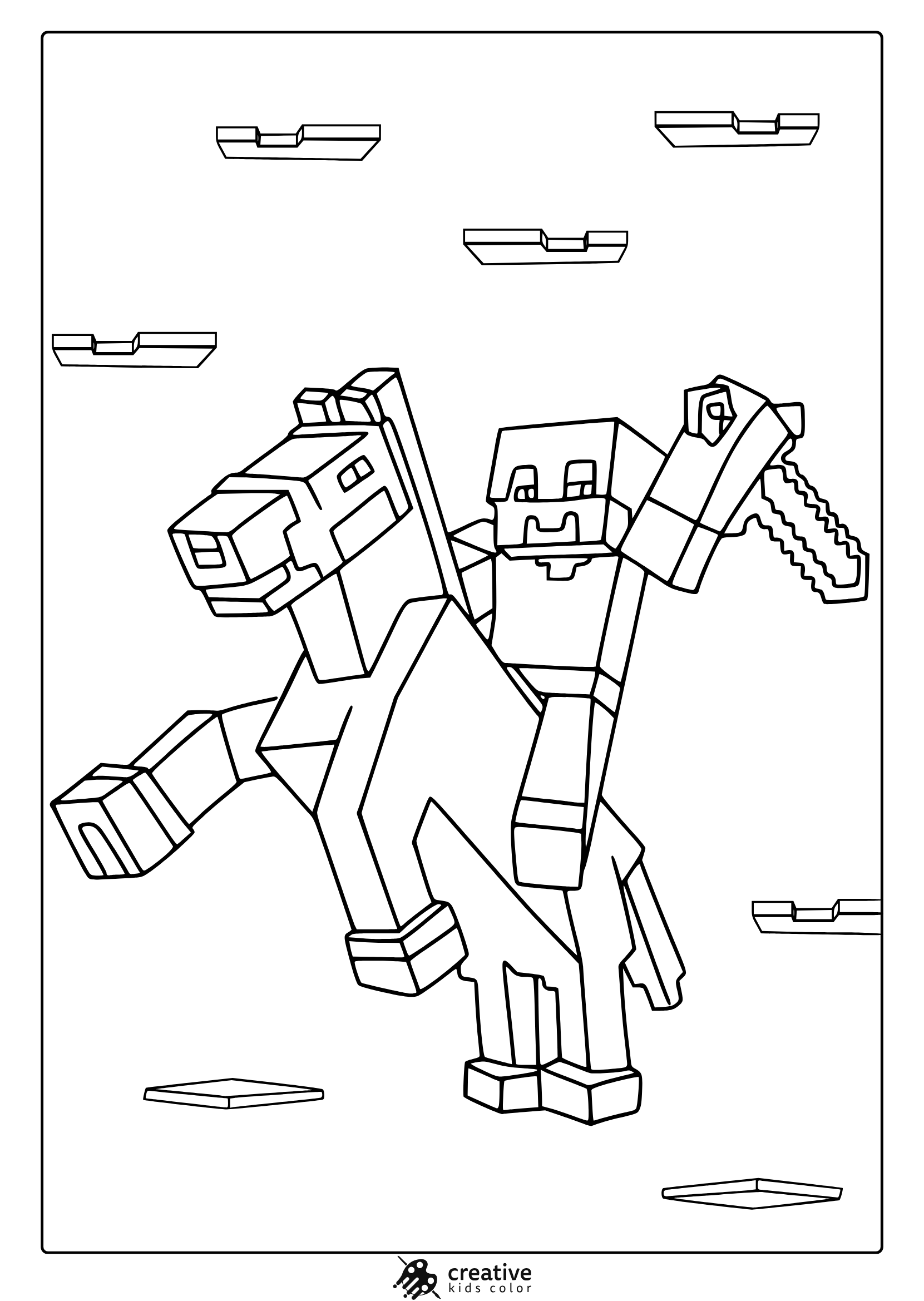 Minecraft Steve Riding Horse Coloring Page With Floating Platforms And Pixelated Block Art For Coloring Fun.