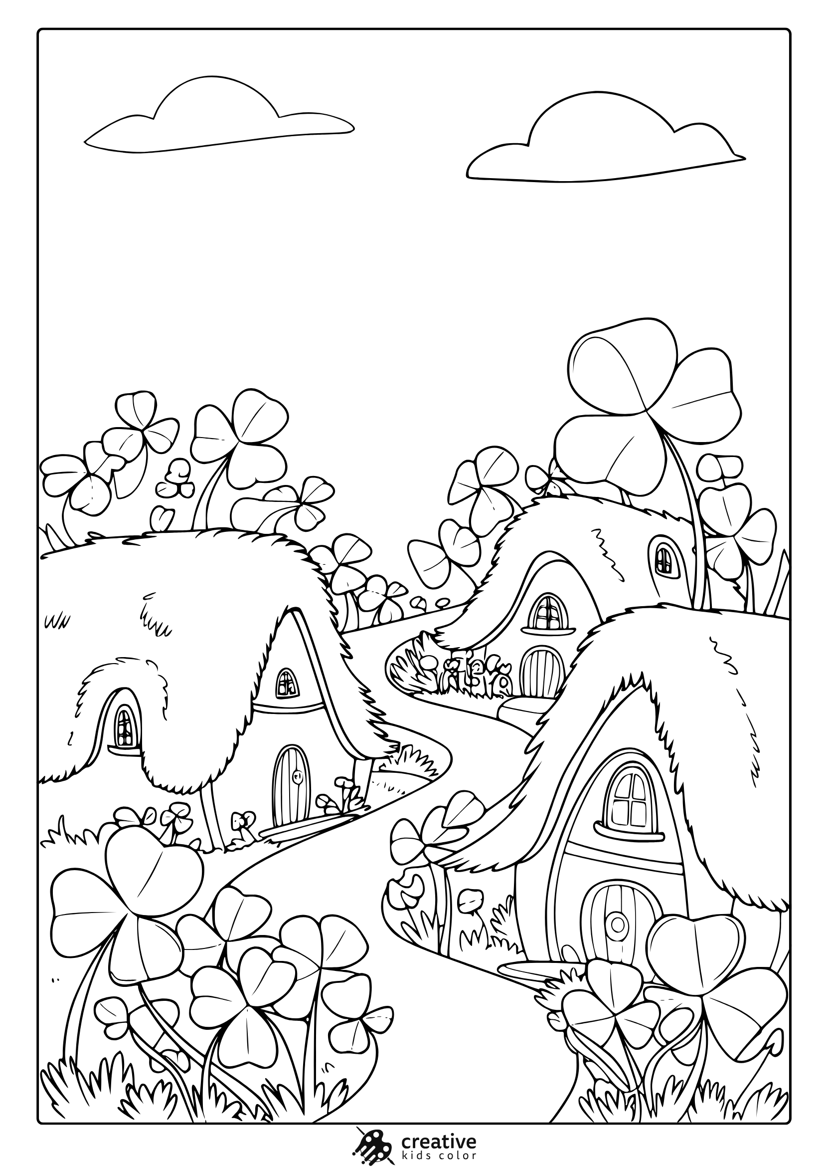 A Cozy Village Scene With Houses, Lush Clovers, And Fluffy Clouds In A Black-And-White March Coloring Page.