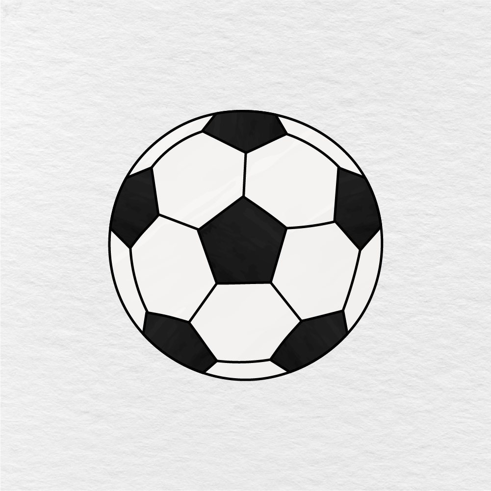 Finished Soccer Ball Drawing Colored Black And White With A Black Center Pentagon And Five Black Outer Panels.