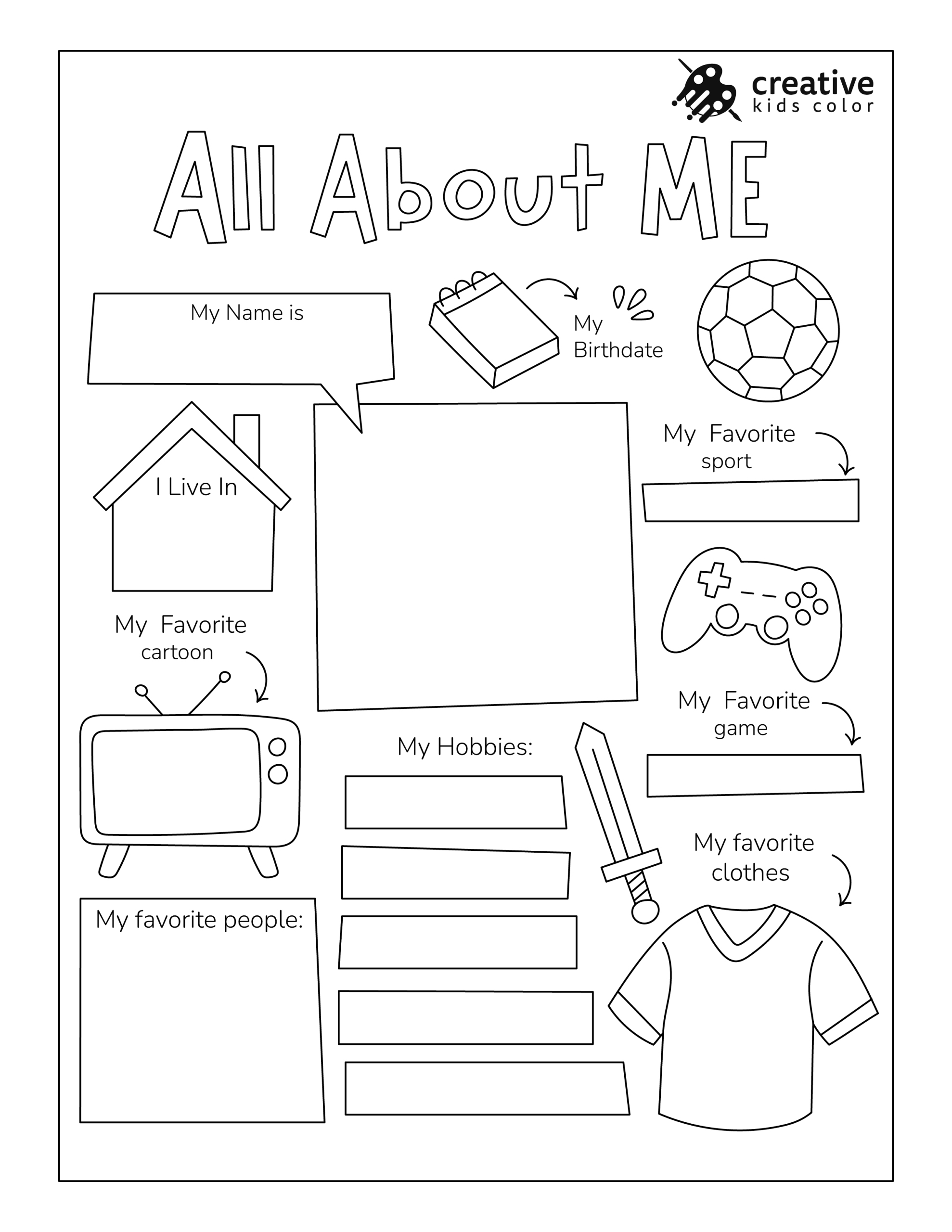 Interactive All About Me Worksheet For Boys To Fill In Name, Hobbies, And Favorite Things.