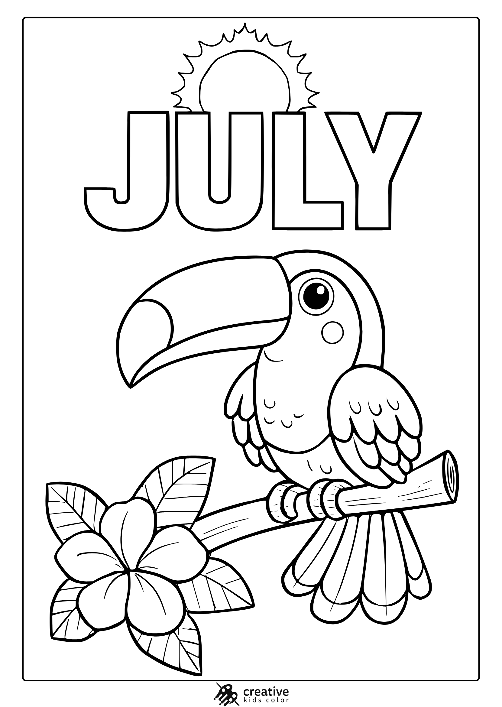 Toucan Coloring Page With July Text, Sun, And Plumeria Flowers For A Tropical Summer Feel.