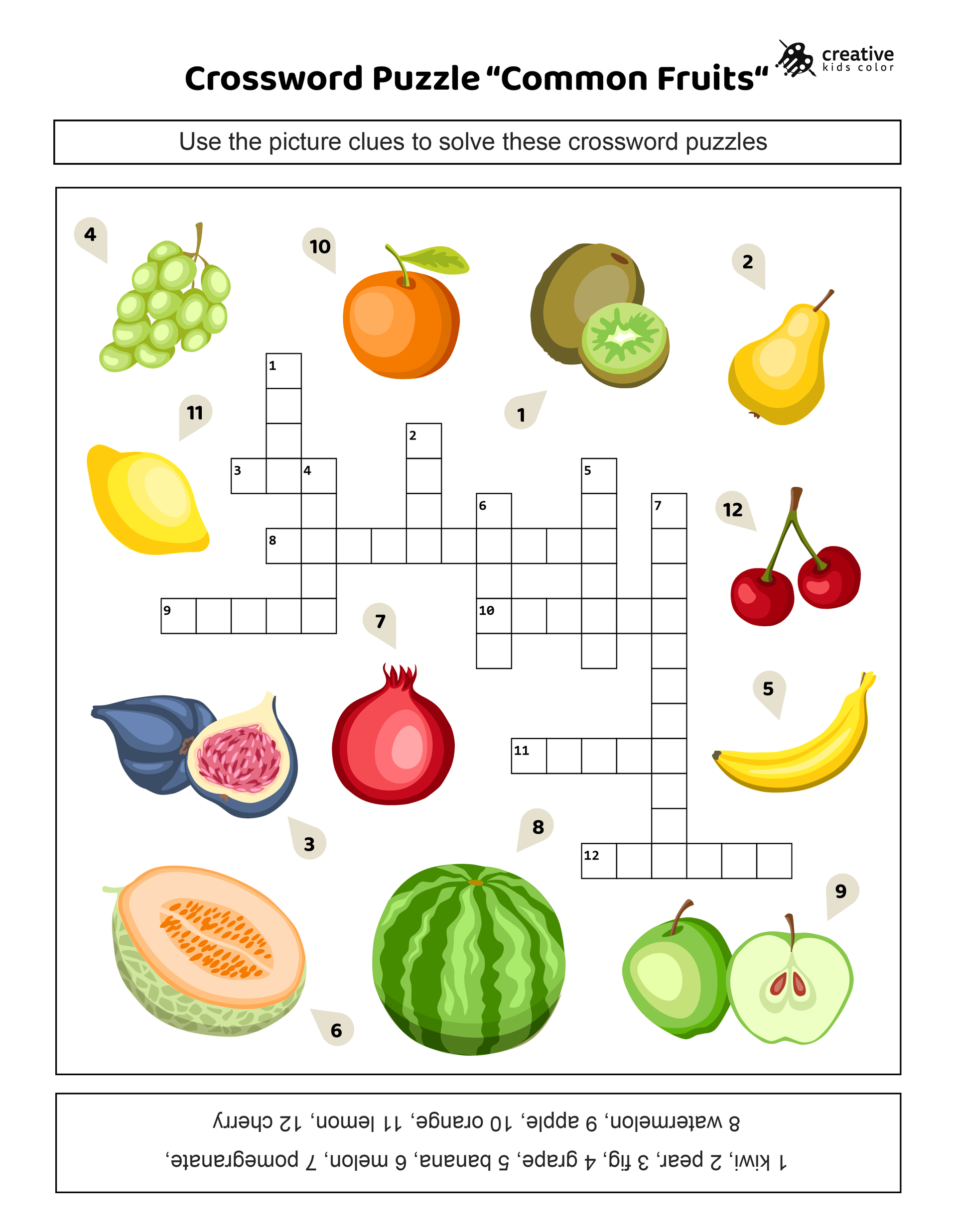 Free printable common fruits crossword puzzle for kids.