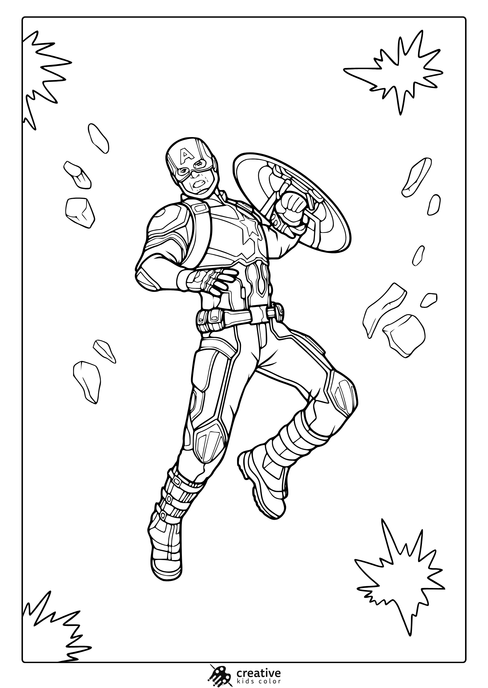 Cool Captain America Coloring Page In Leaping Combat Pose With Starburst Effects And Tactical Gear.
