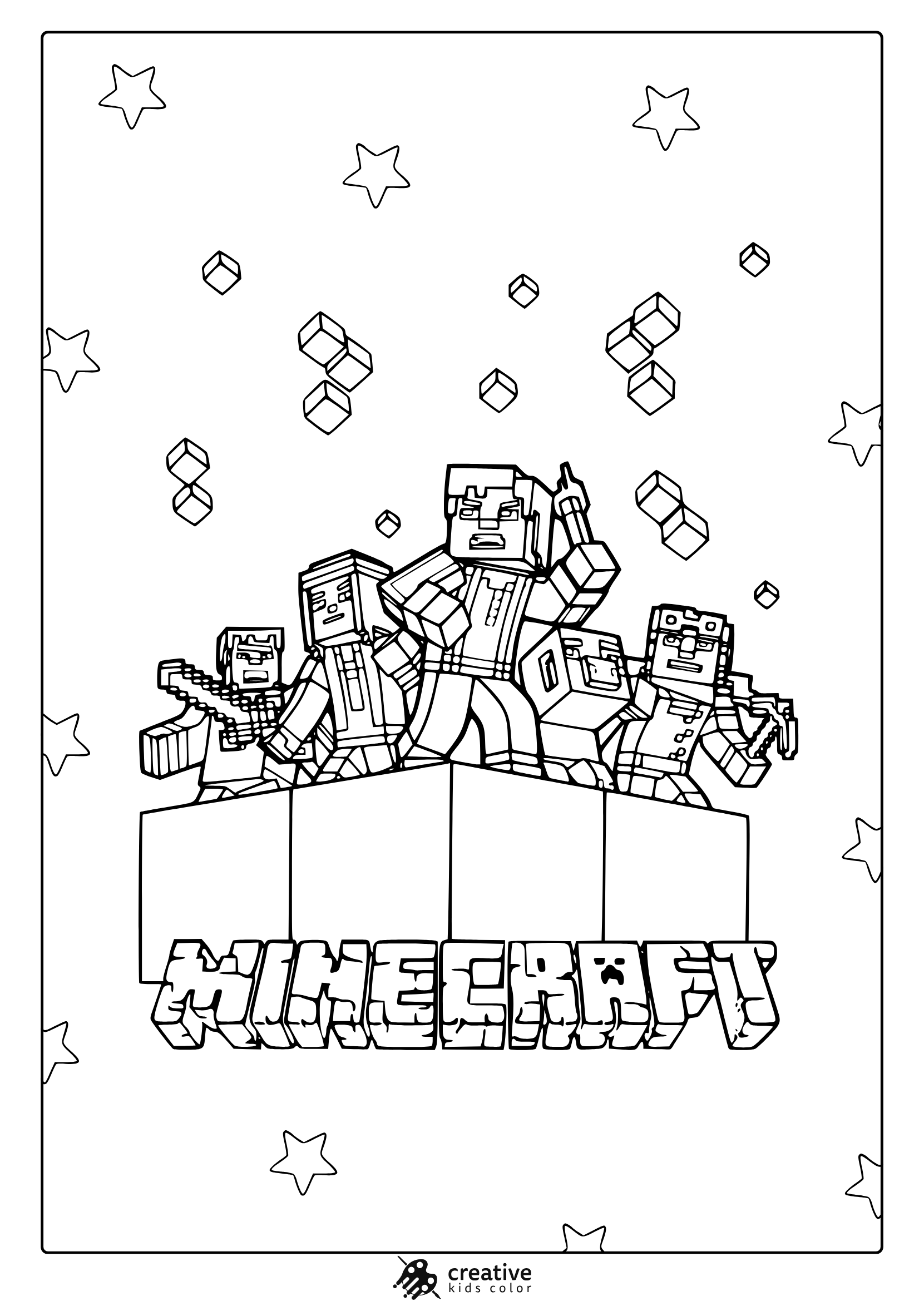 Cool Minecraft Coloring Page With Characters Standing On A Box And A Starry Sky, Perfect For Creative Coloring.