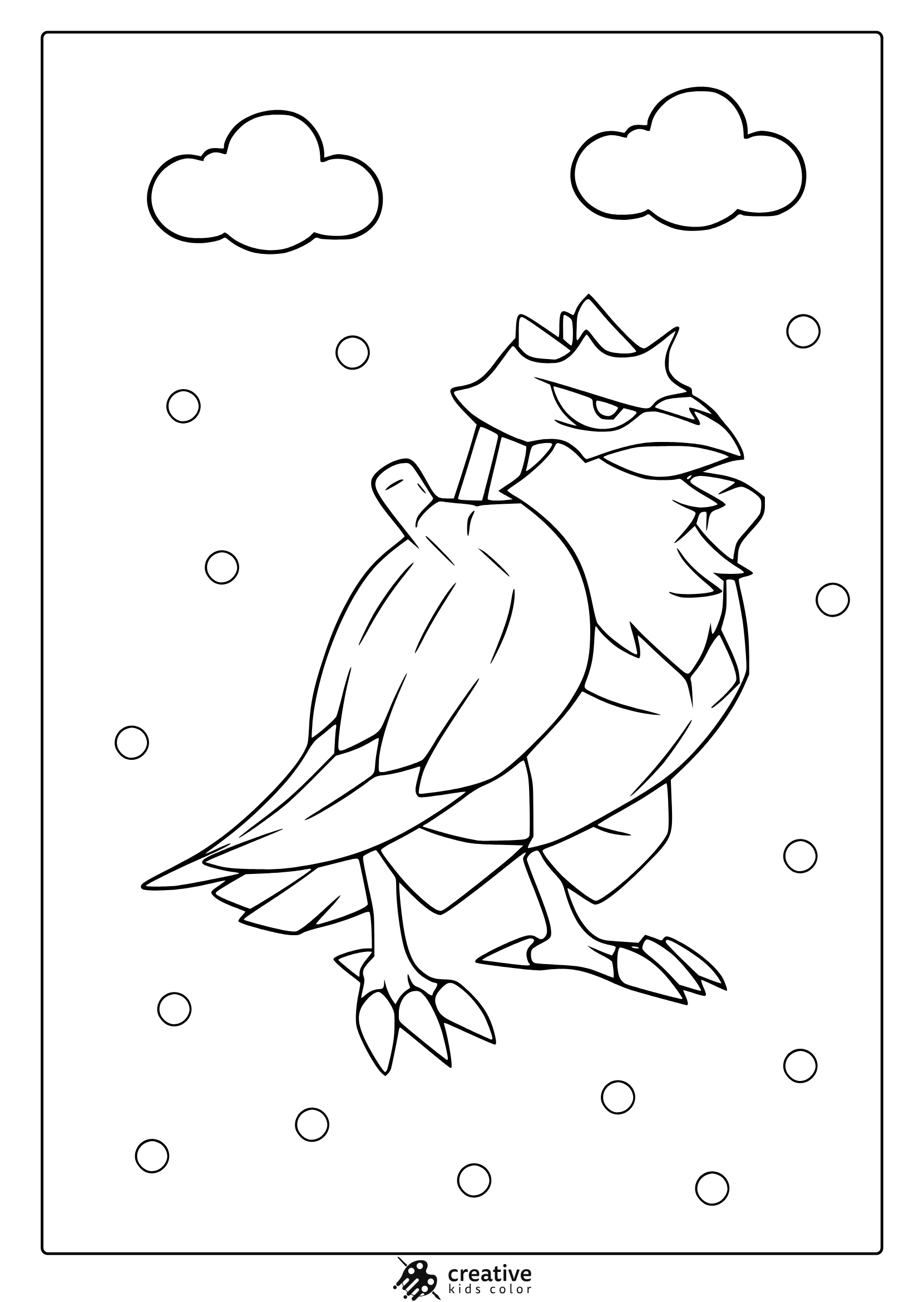 Corviknight In A Snow-Dotted Sky With Detailed Feather Line Work On A Clean Pokémon Coloring Page.