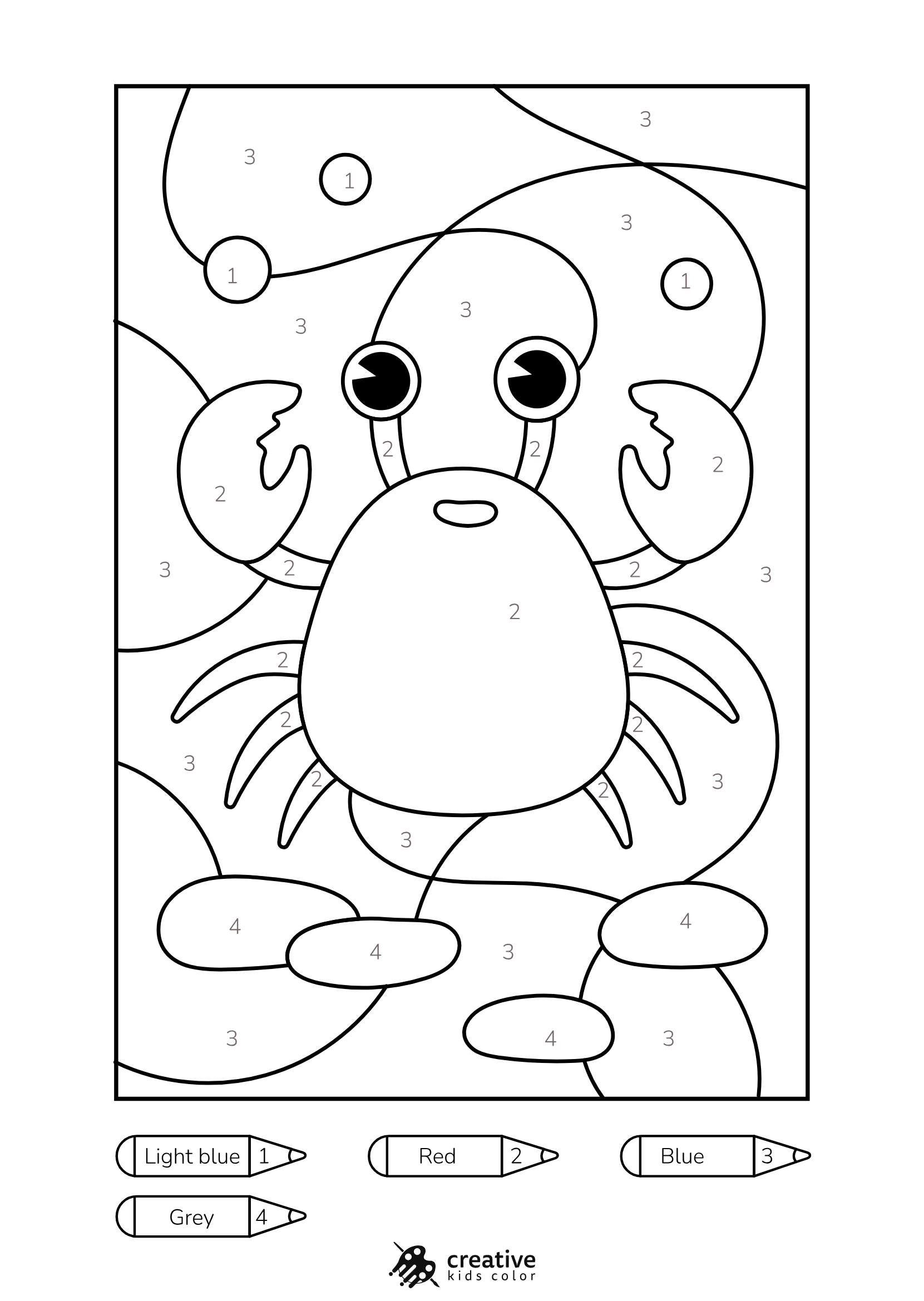 Crab Color By Number Coloring Page With A Smiling Red Crab On Sand Under A Sunny Sky.