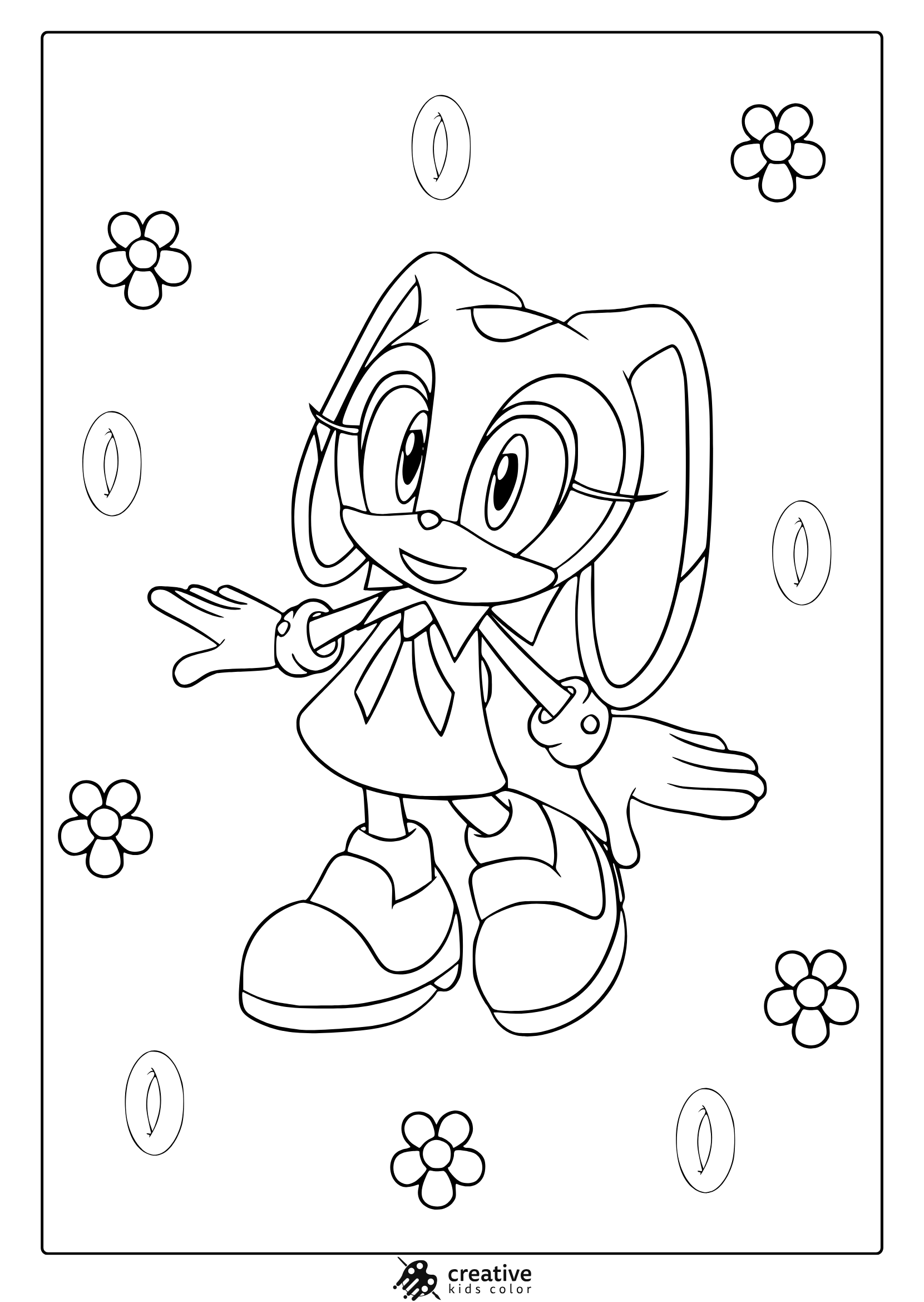 Coloring Page With Cream The Rabbit In Dynamic Pose And Floral Pattern Around.