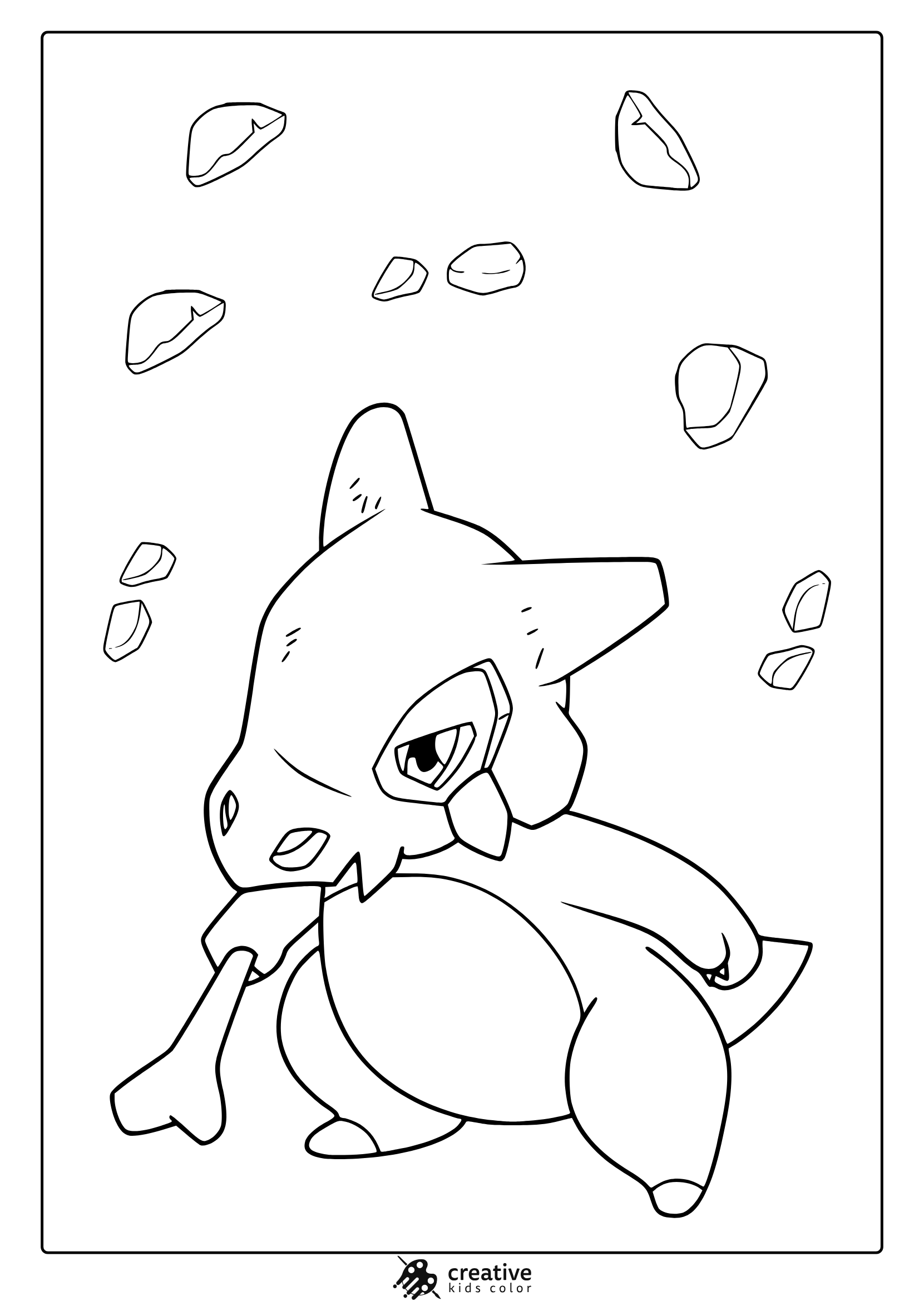 Cubone In A Side View With Rocks Floating On A Clean-Lined Pokémon Coloring Page.