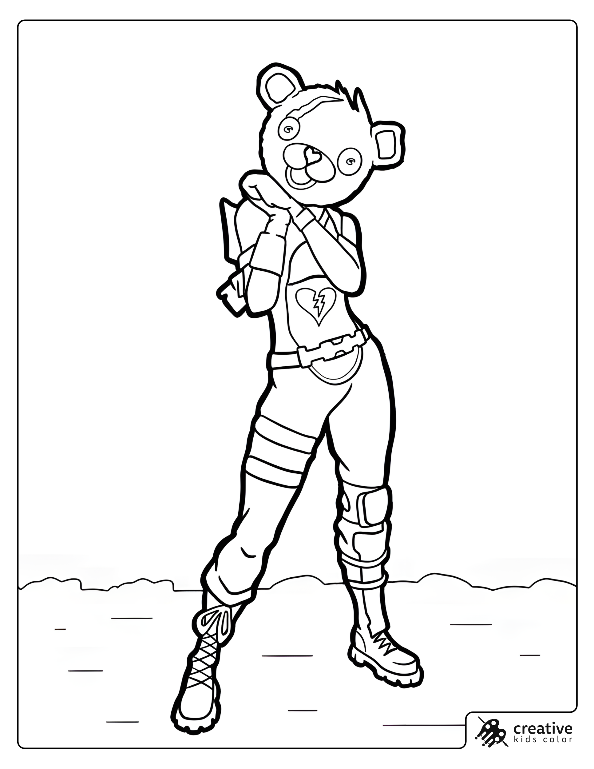Cuddle Bear From Fortnite Coloring Page With Hands Under Chin And Bent Knee Pose