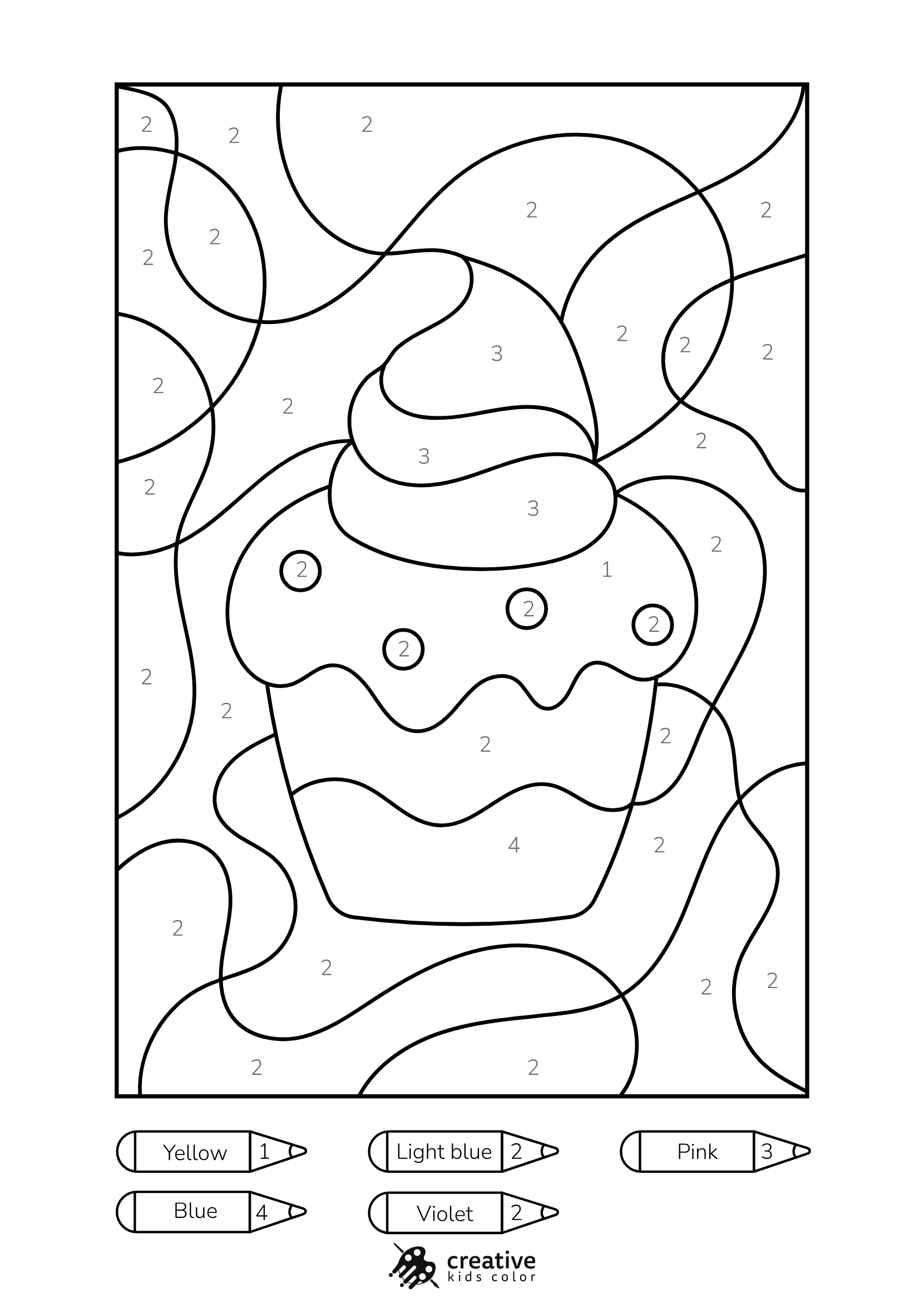 Cupcake Color By Number Coloring Page Featuring A Cupcake With Round White Icing And Colorful Candy Sprinkles.
