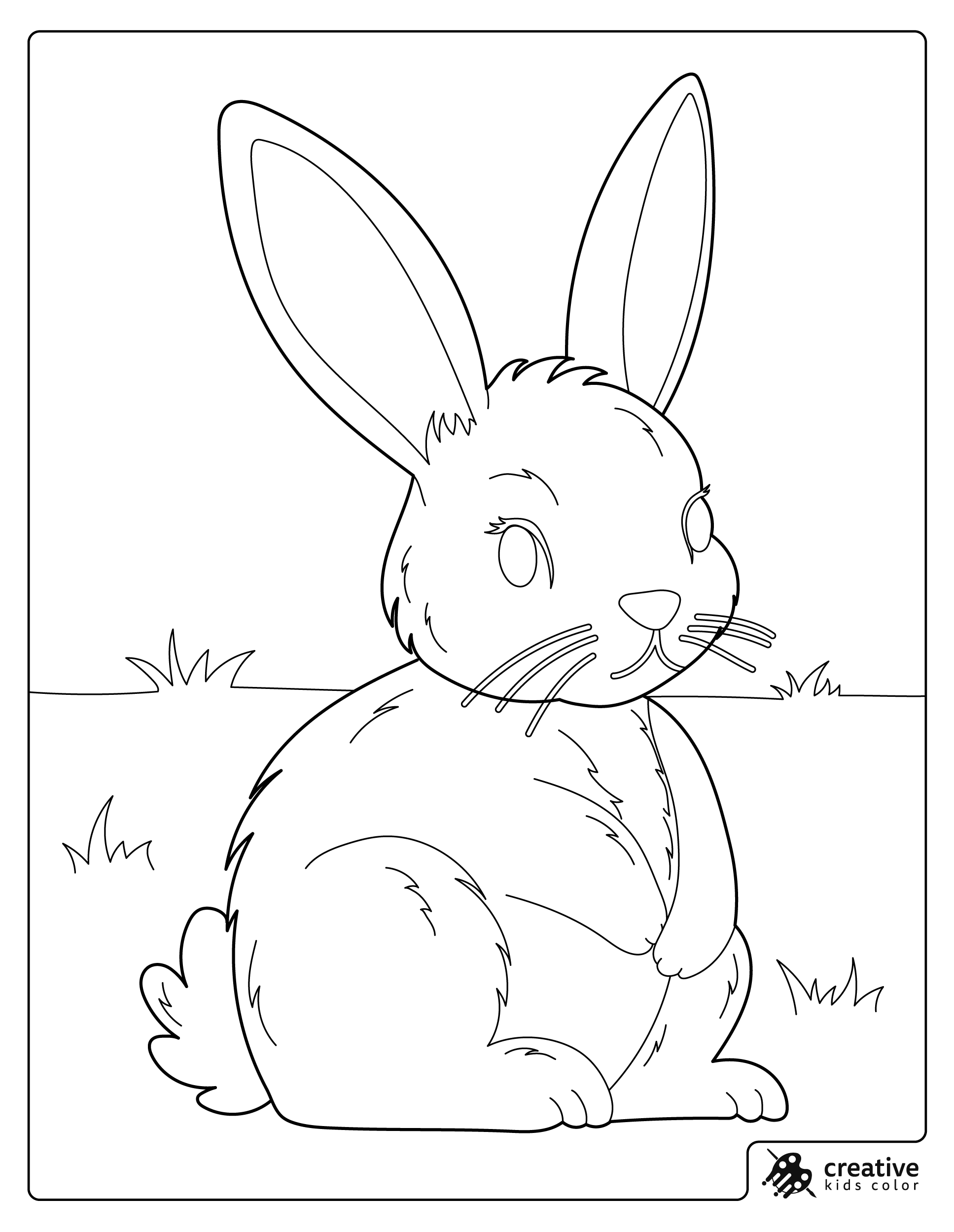 Bunny Coloring Page Showing A Fluffy Rabbit Sitting On The Grass.