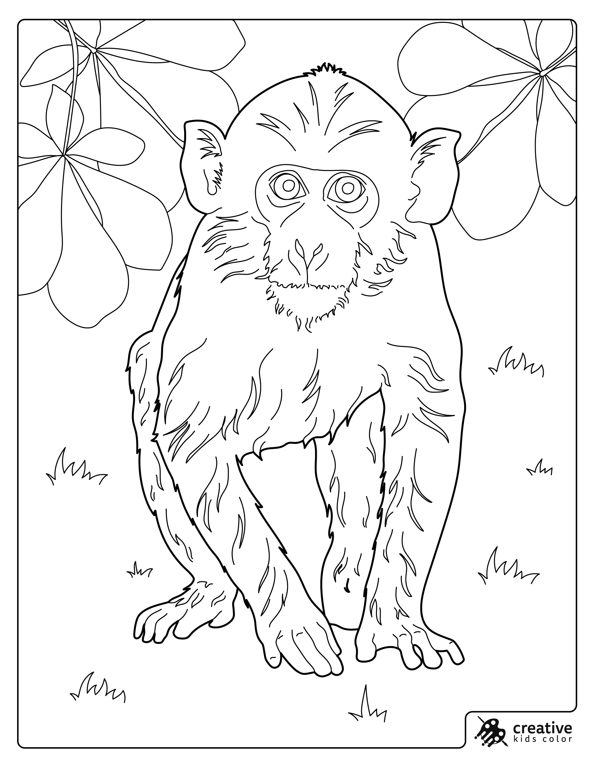 Monkey Coloring Page With A Curious Monkey Standing Under Large Tropical Leaves.
