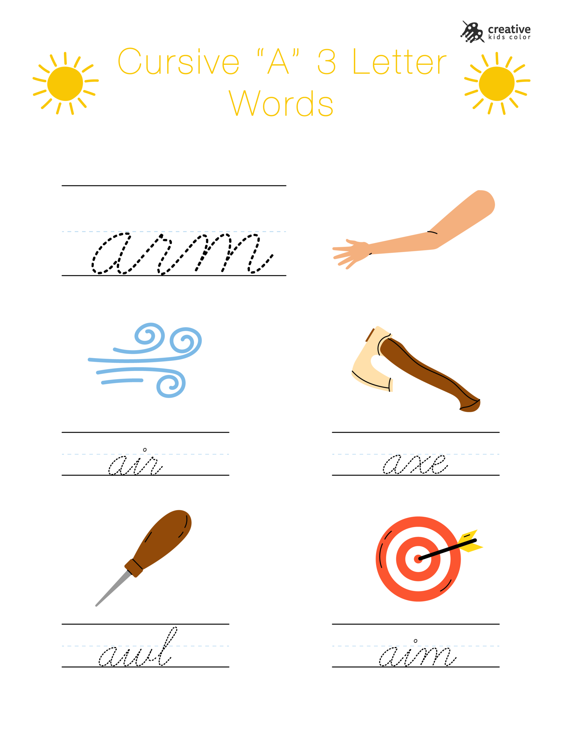 Cursive A Worksheet Featuring Three Letter Words Beginning With A For Writing And Spelling Practice.