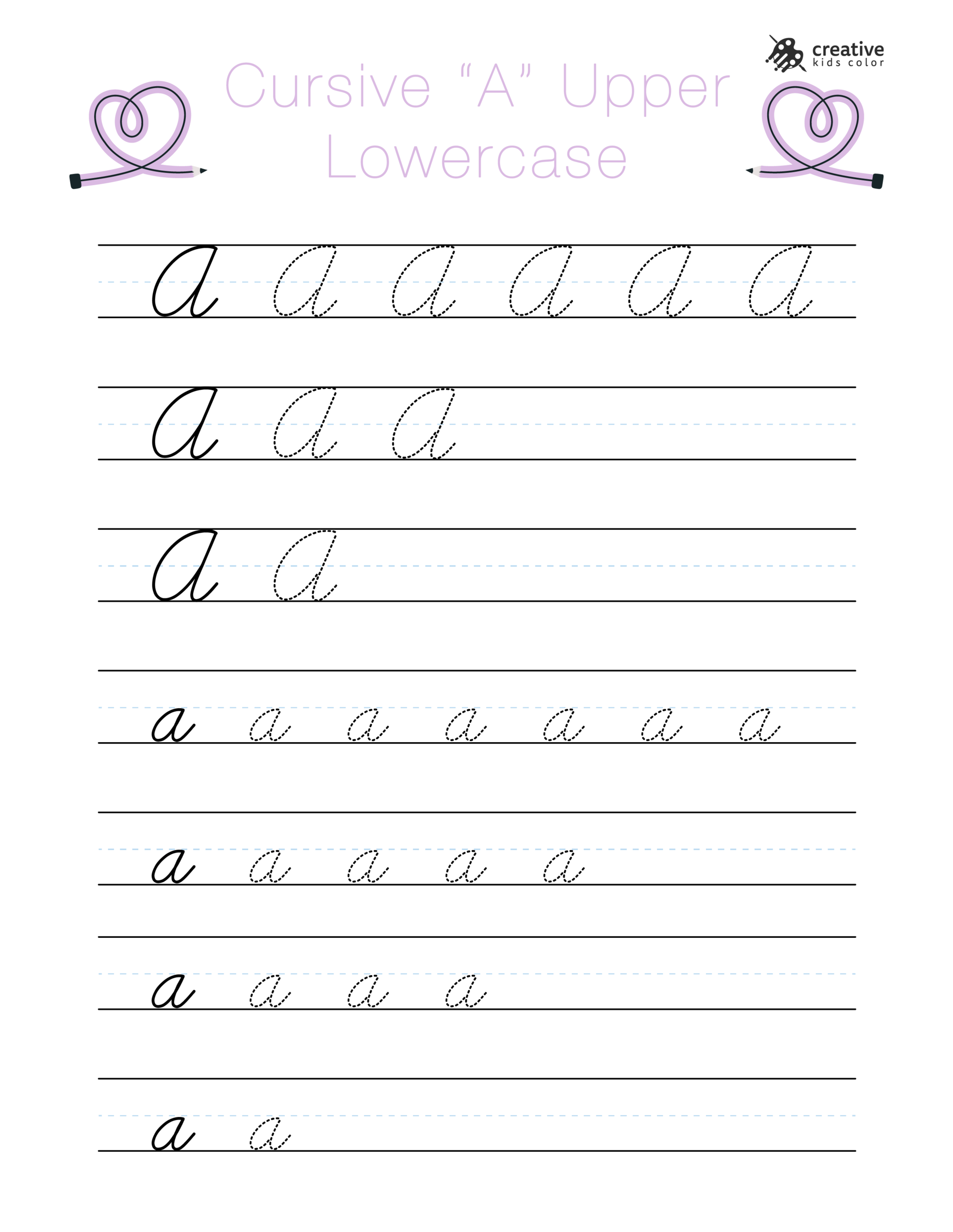 Cursive A Handwriting Worksheet Showing Uppercase And Lowercase A For Tracing And Writing Practice.