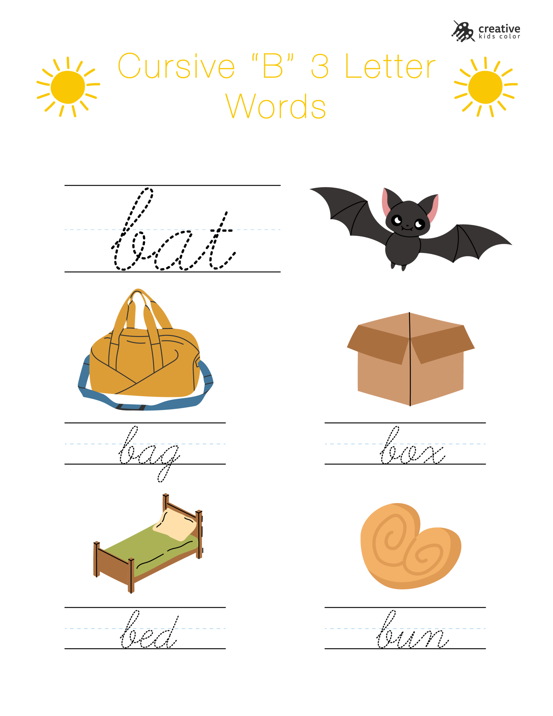 Cursive B Worksheet With Simple Three Letter Words Starting With B For Spelling And Writing Practice.