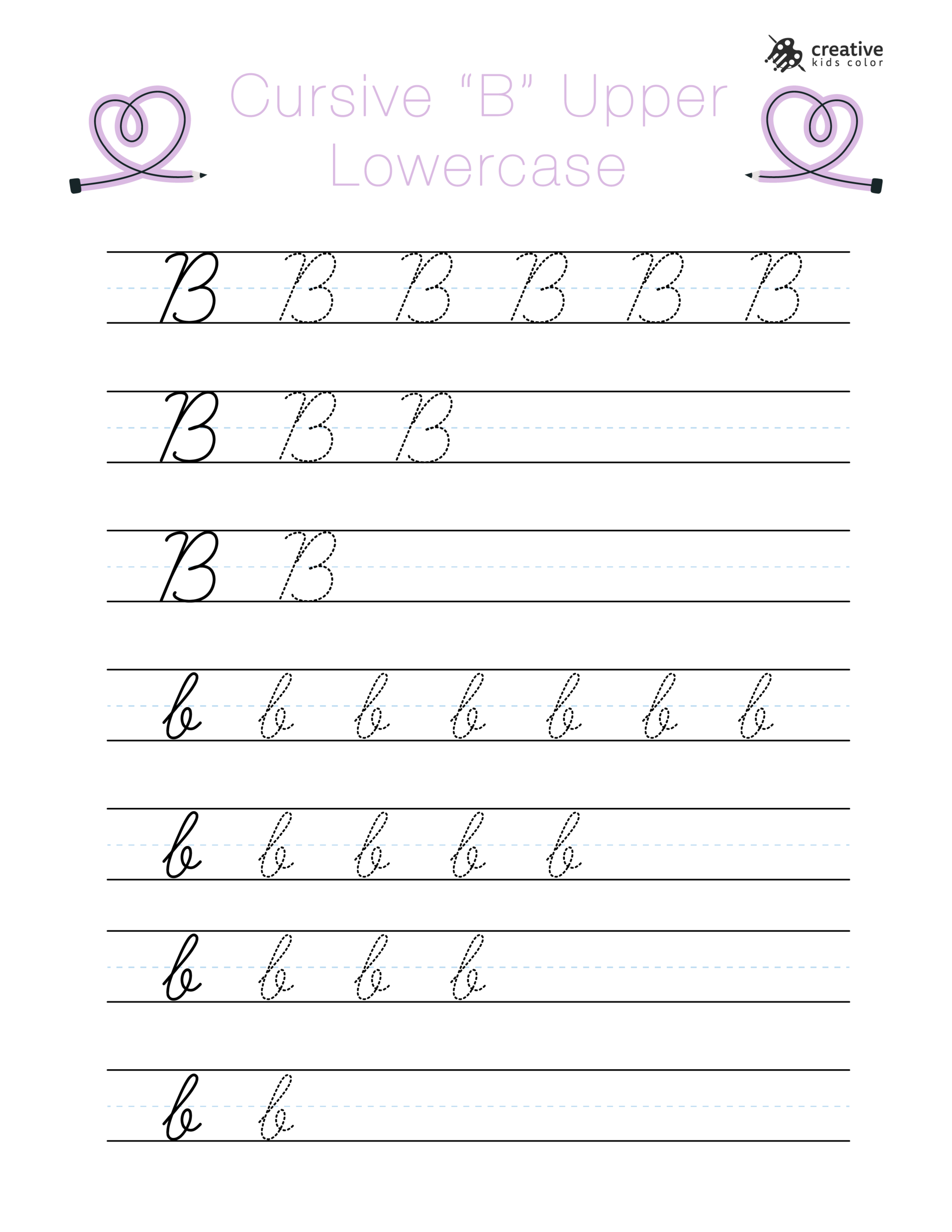 Cursive B Worksheet Showing Uppercase And Lowercase B For Writing And Tracing Activities.