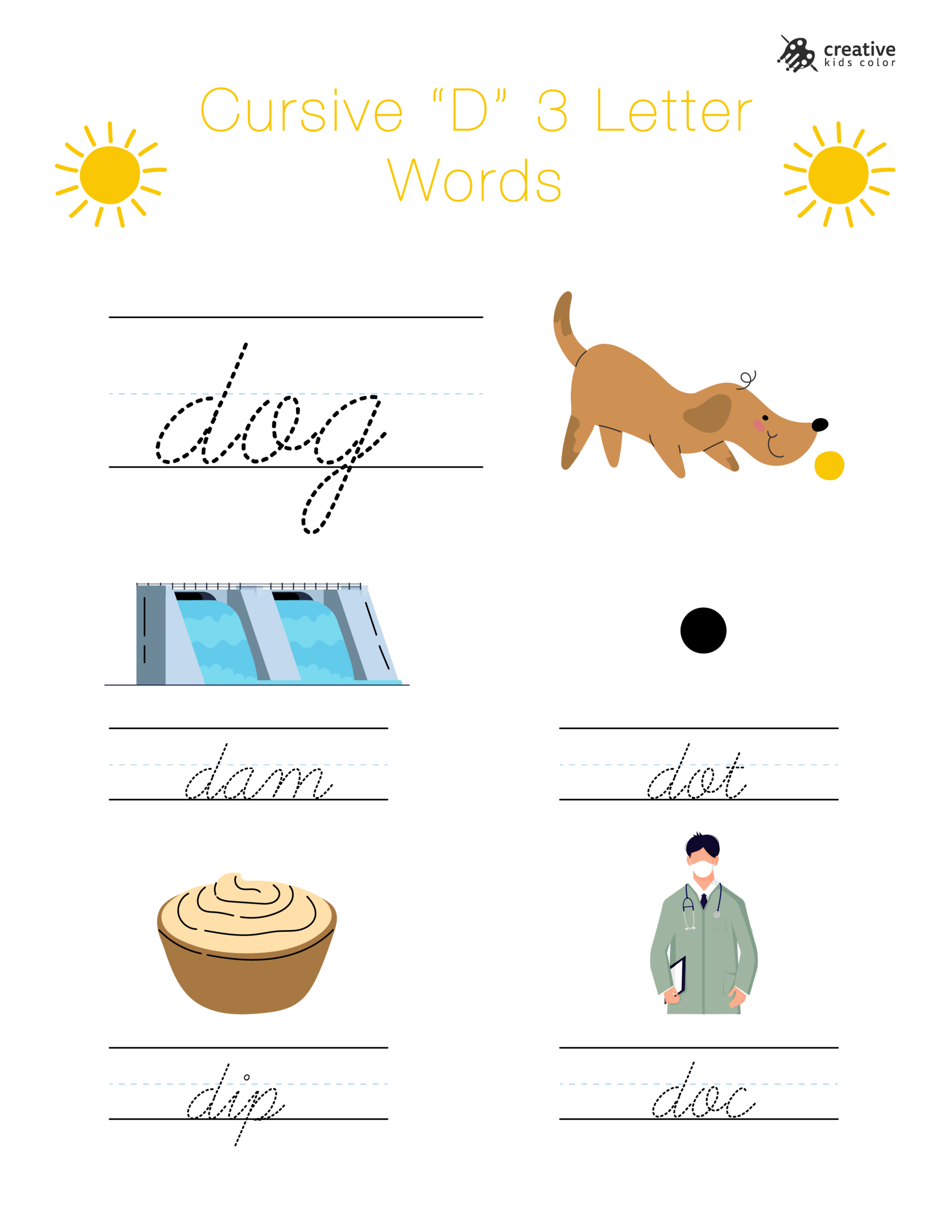Cursive D worksheet featuring simple three letter words starting with D for learning cursive writing.